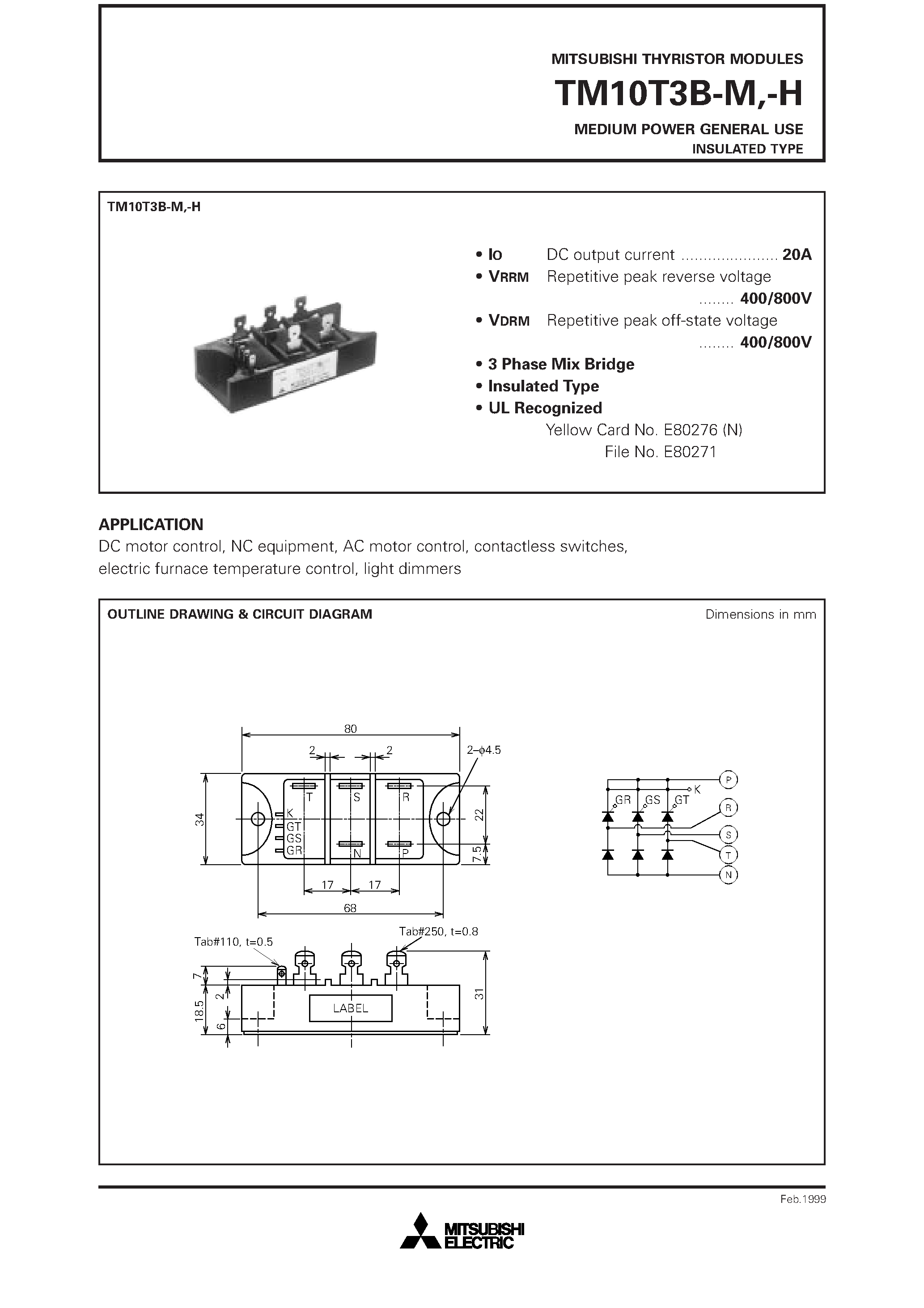 Даташит TM10T3B-H - MEDIUM POWER GENERAL USE INSULATED TYPE страница 1