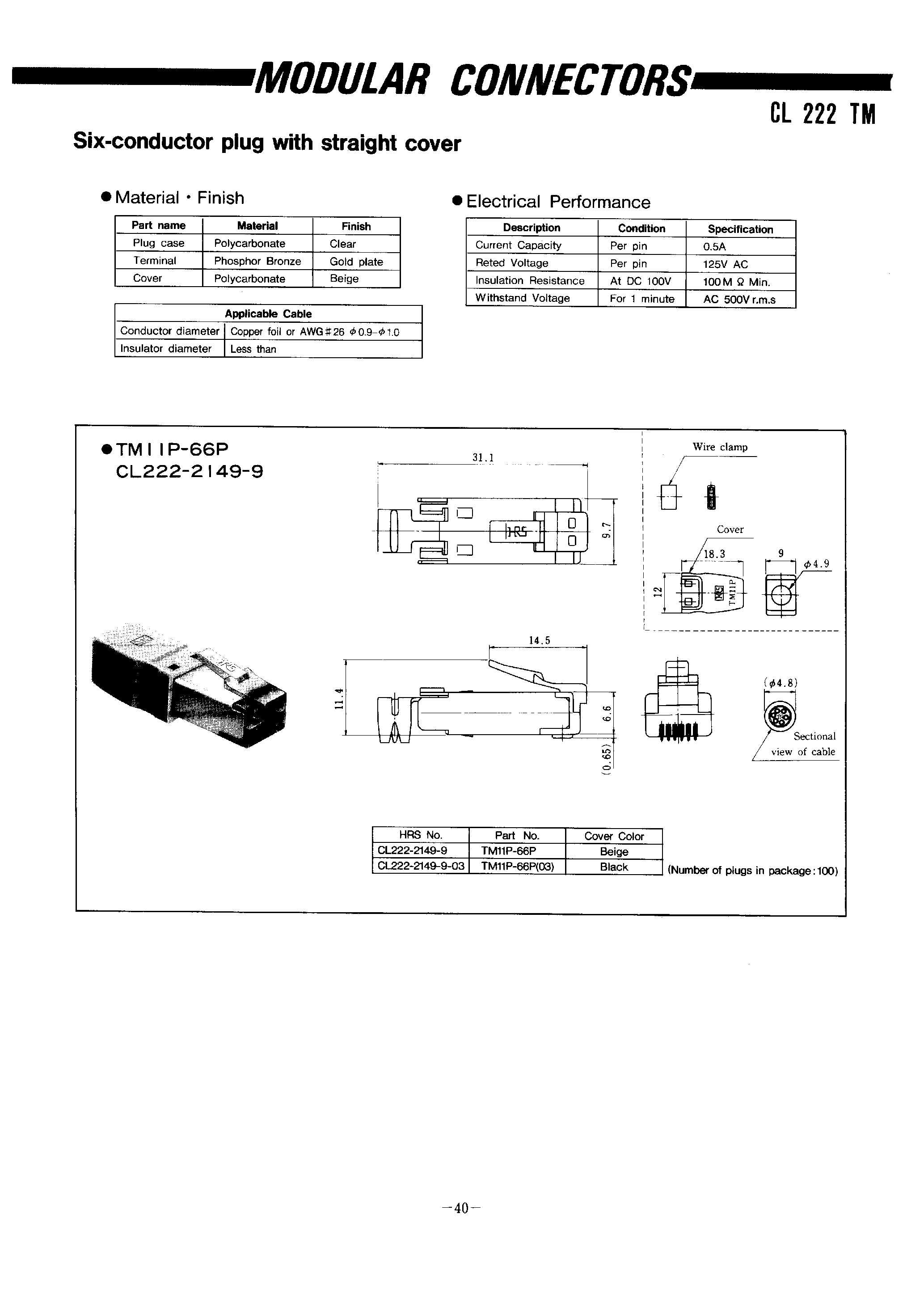 Datasheet TM11P-8-CV - MODULAR CONNECTORS(Six-conductor plug with straight cover) page 1