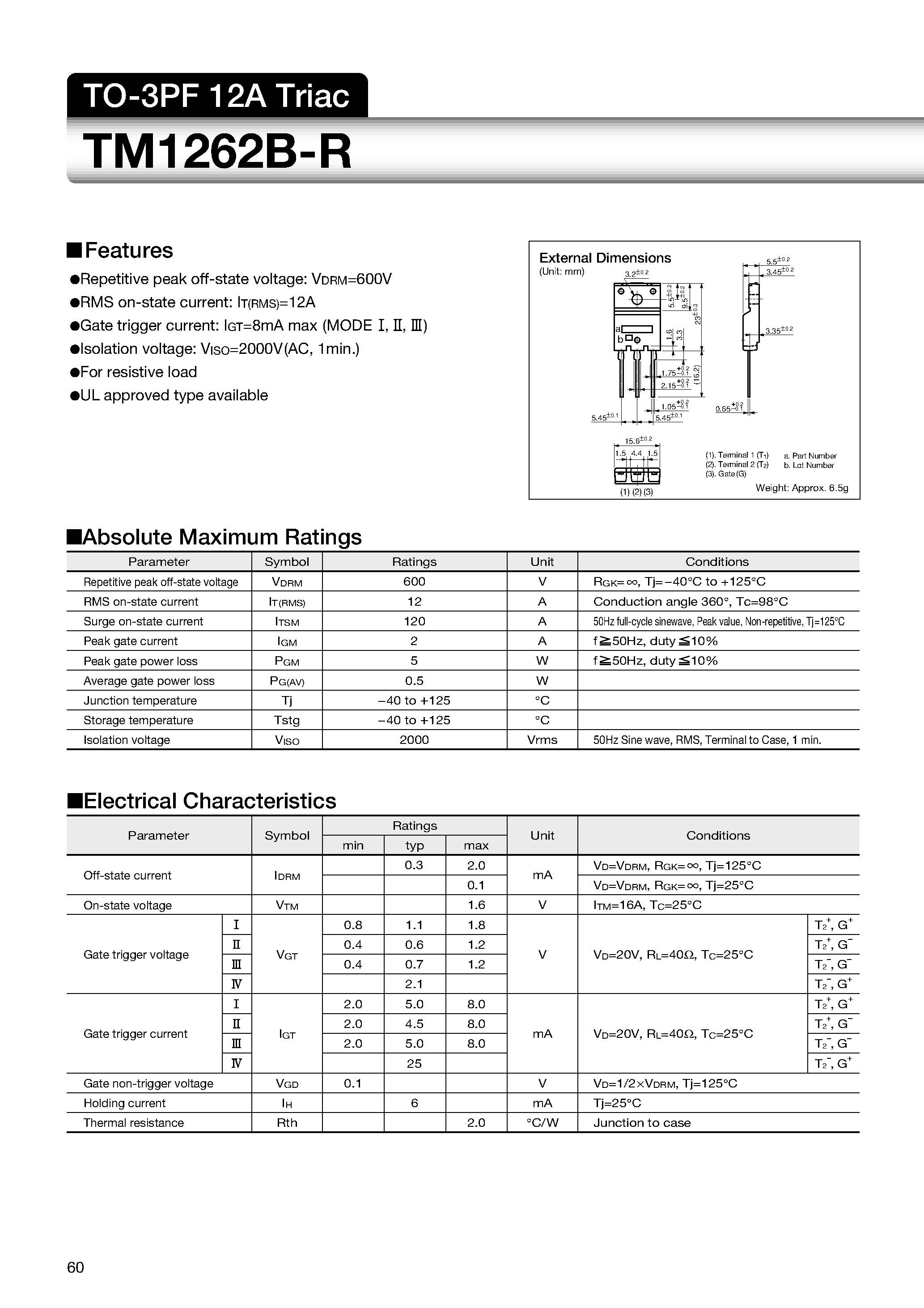 Datasheet TM1262B-R - TO-3PF 12A Triac page 1