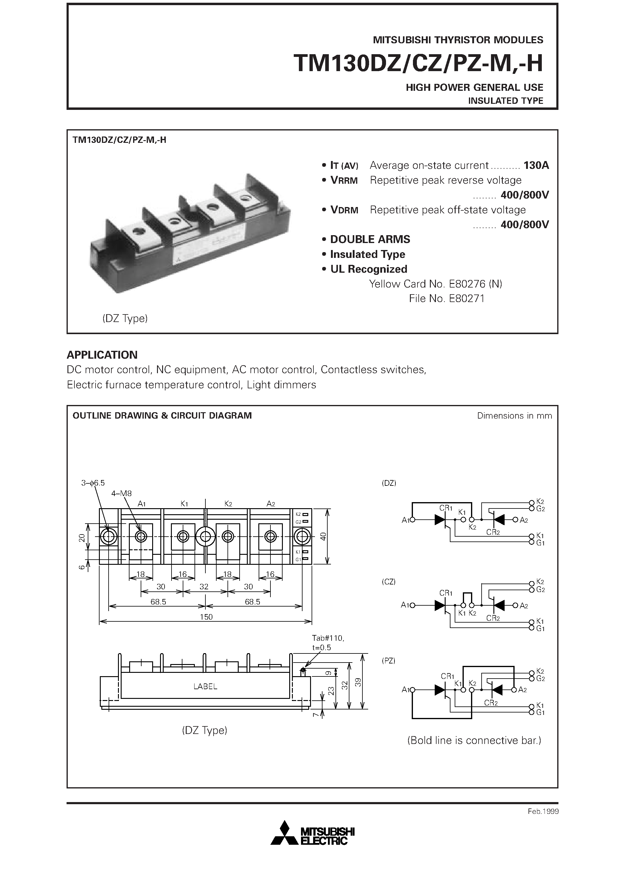 Даташит TM130CZ-H - HIGH POWER GENERAL USE INSULATED TYPE страница 1