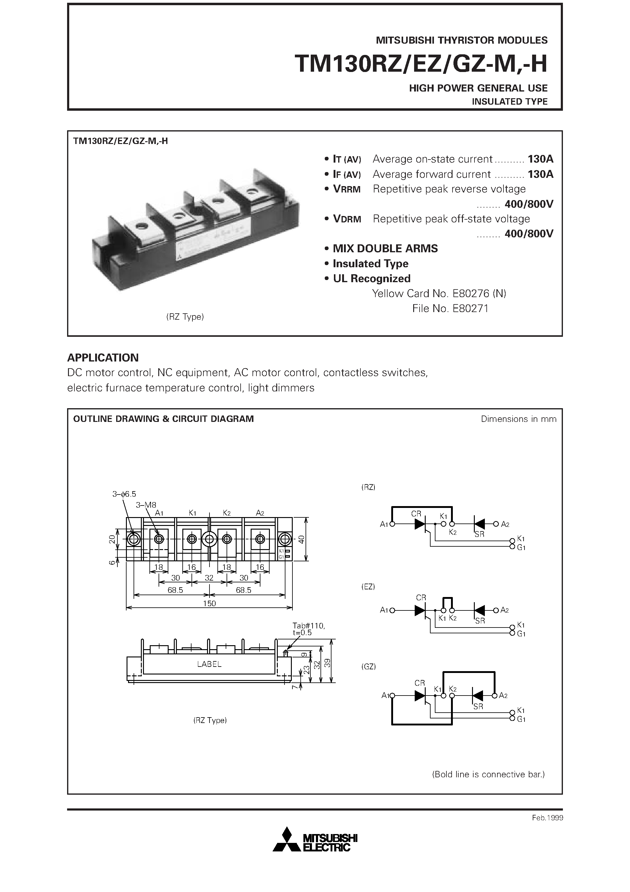 Даташит TM130EZ-H - HIGH POWER GENERAL USE INSULATED TYPE страница 1