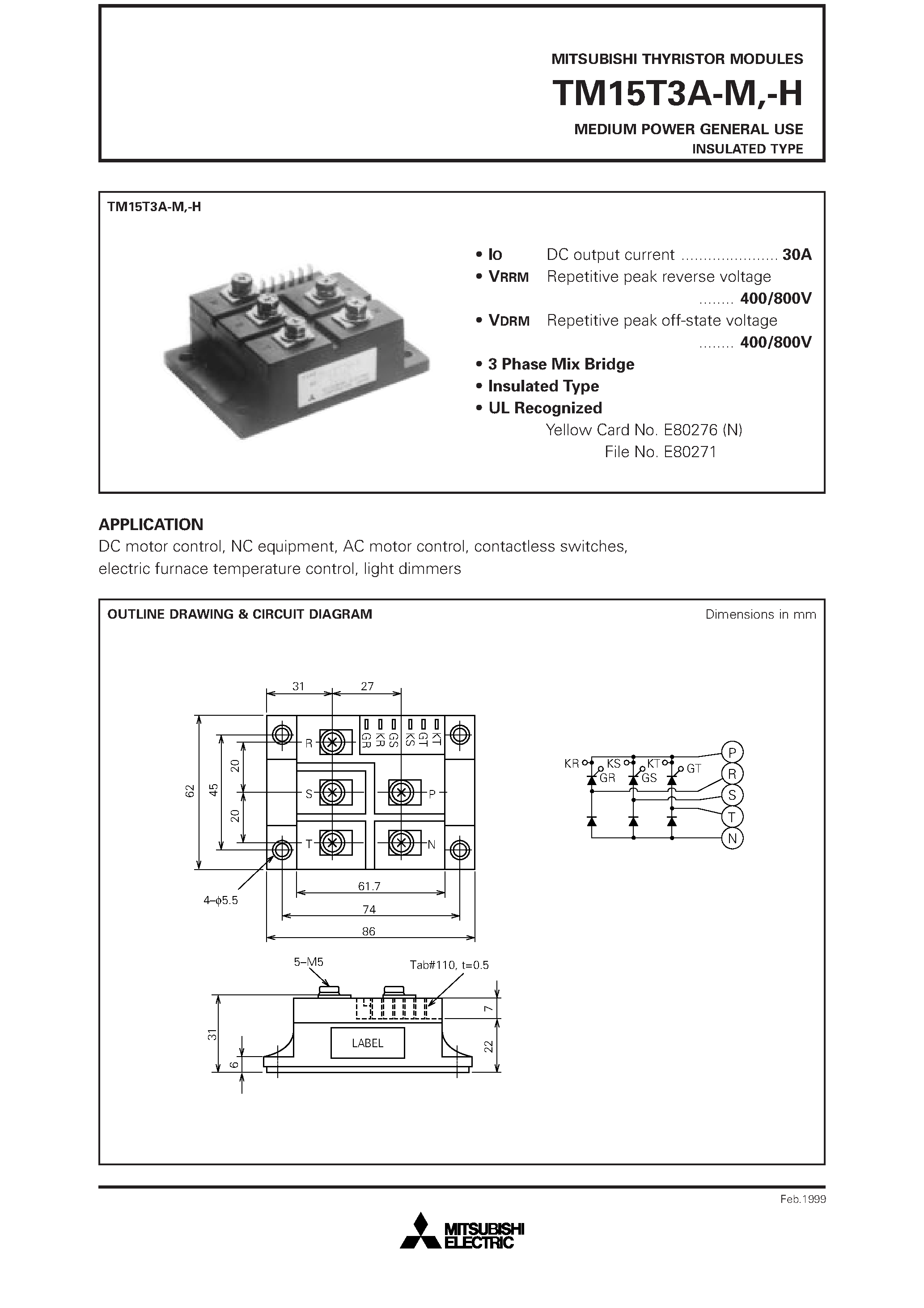 Даташит TM15T3A-H - MEDIUM POWER GENERAL USE INSULATED TYPE страница 1