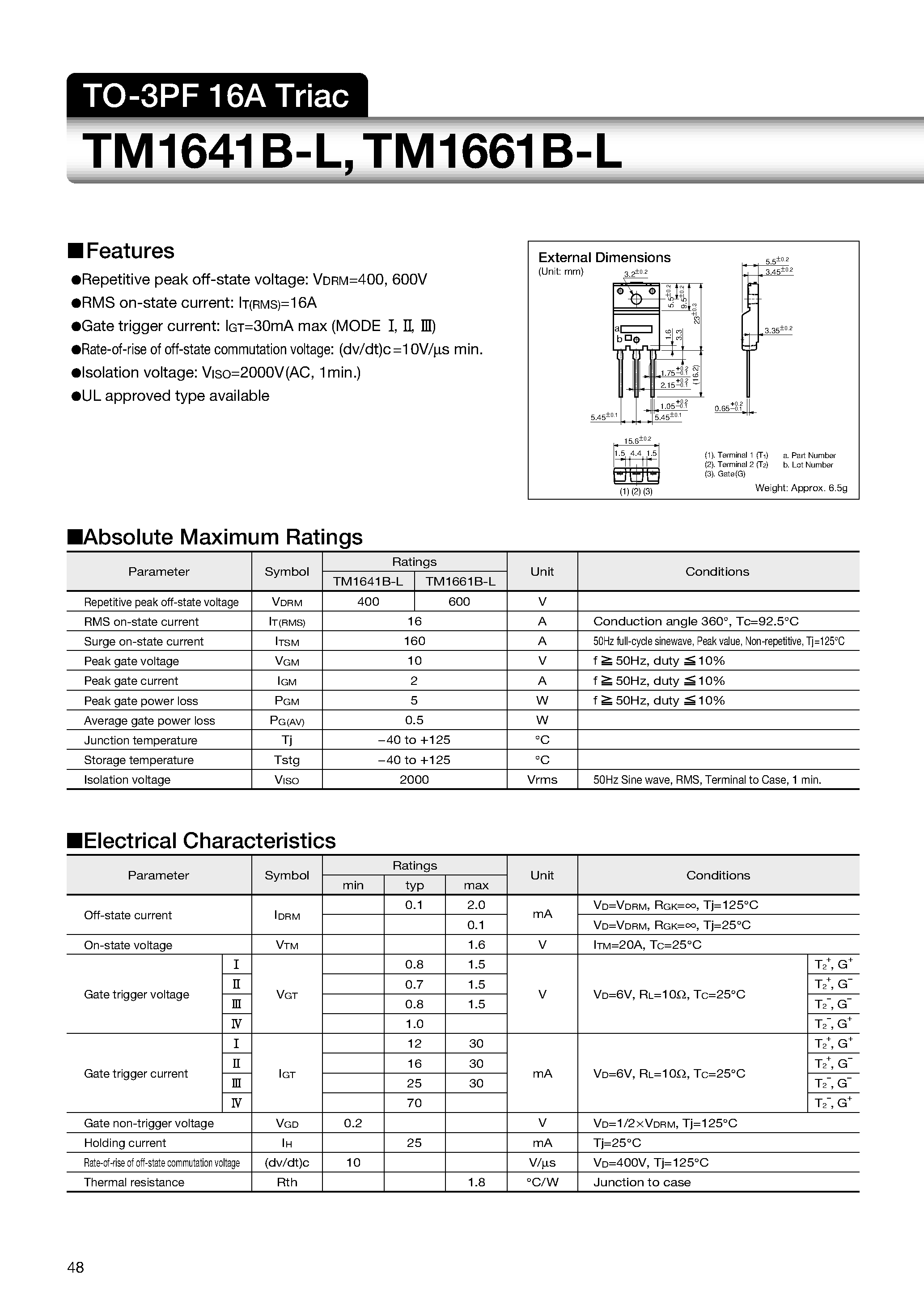 Datasheet TM1641B-L - TO-3PF 16A Triac page 1