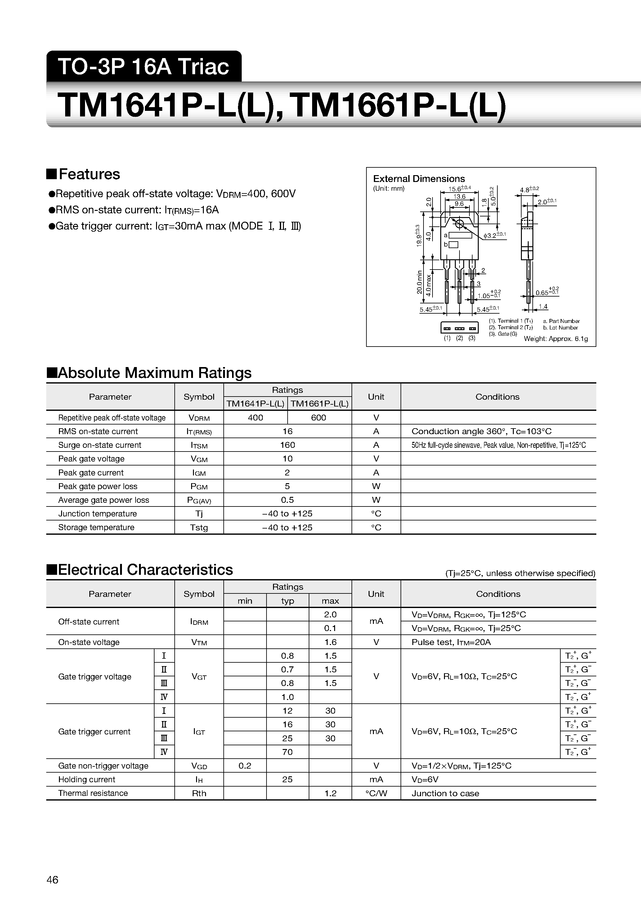 Datasheet TM1641P-L - TO-3P 16A Triac page 1