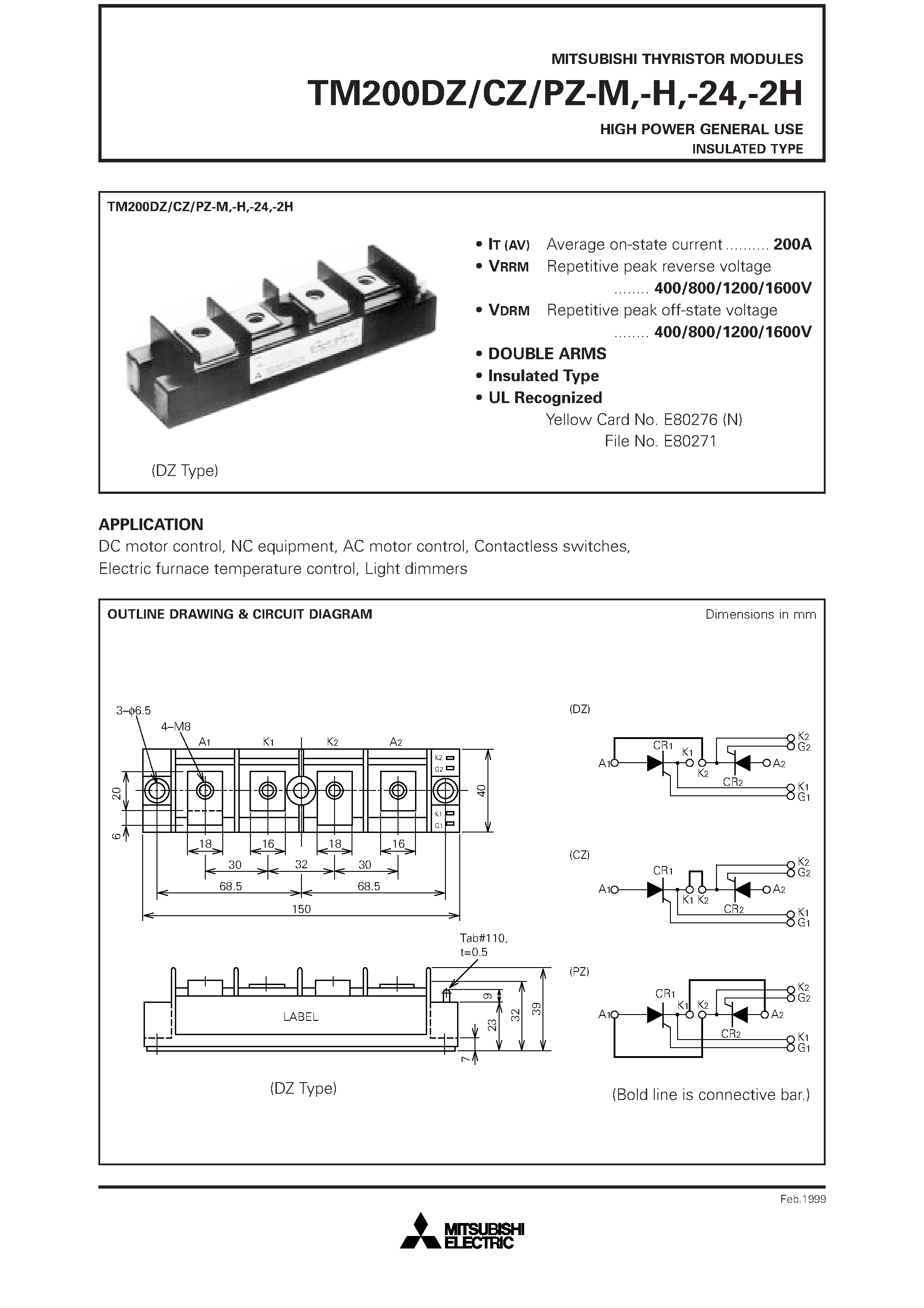 Даташит TM200CZ-H - HIGH POWER GENERAL USE INSULATED TYPE страница 1