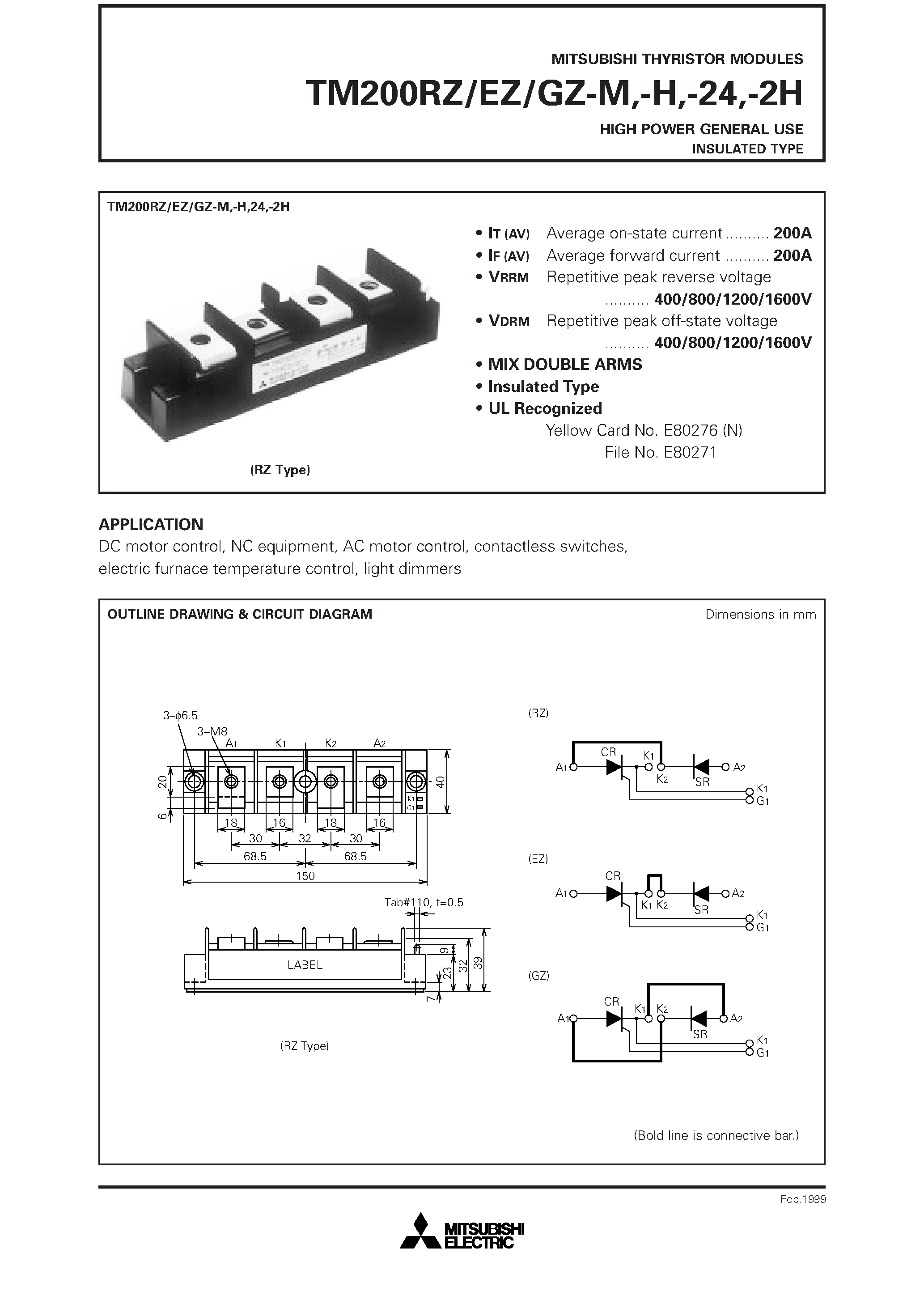 Даташит TM200EZ-H - HIGH POWER GENERAL USE INSULATED TYPE страница 1