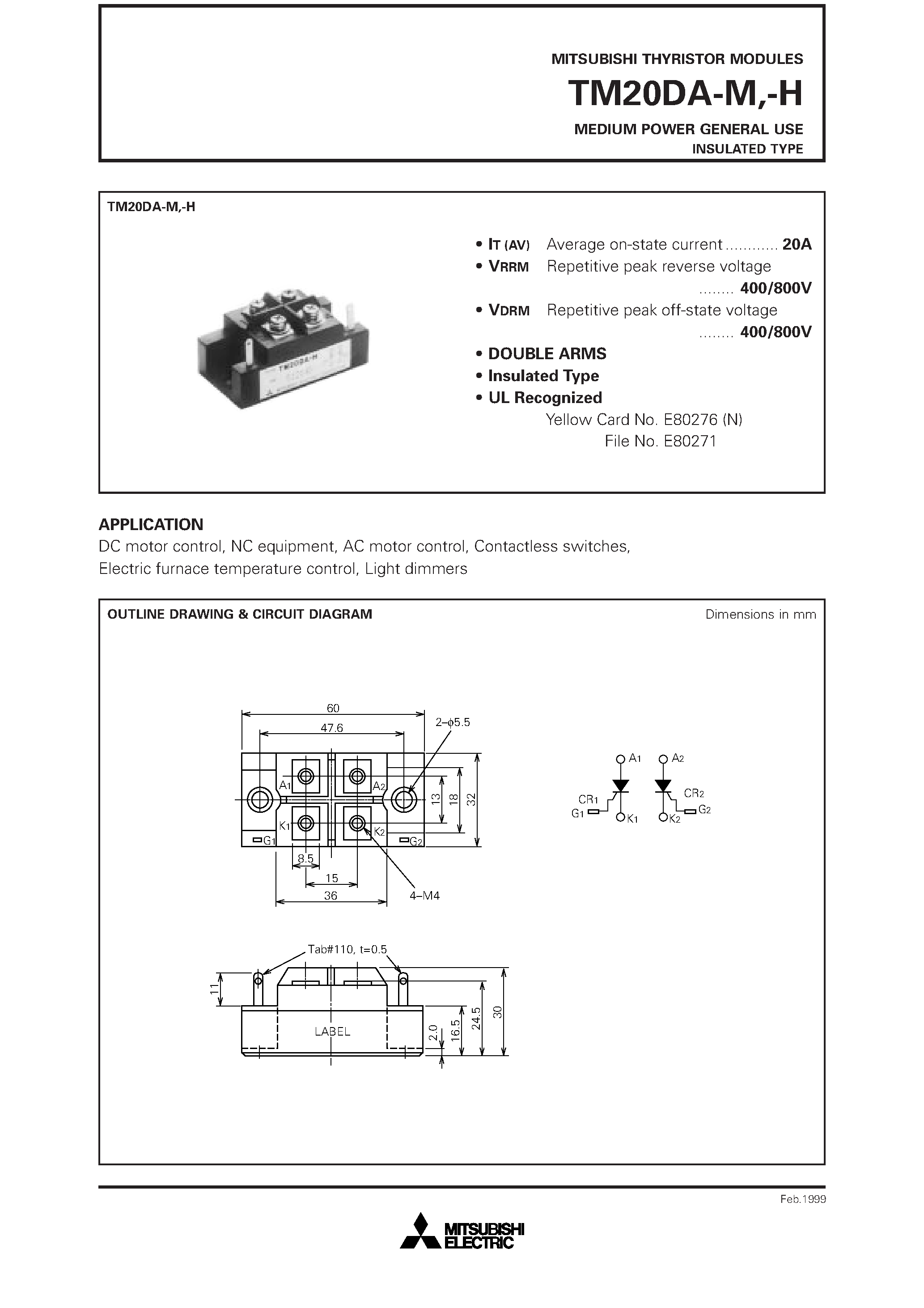 Даташит TM20DA-H - MEDIUM POWER GENERAL USE INSULATED TYPE страница 1