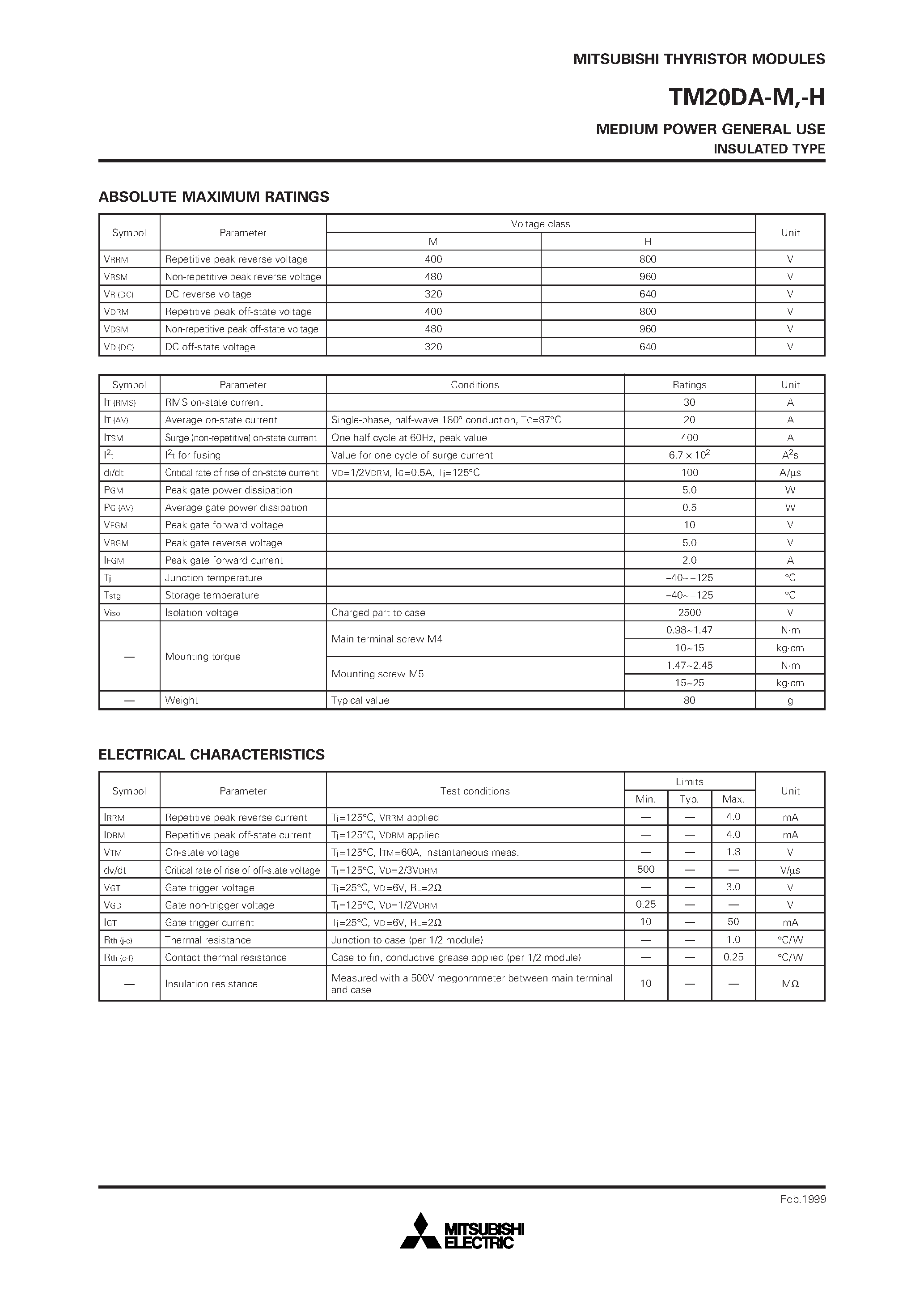 Даташит TM20DA-H - MEDIUM POWER GENERAL USE INSULATED TYPE страница 2