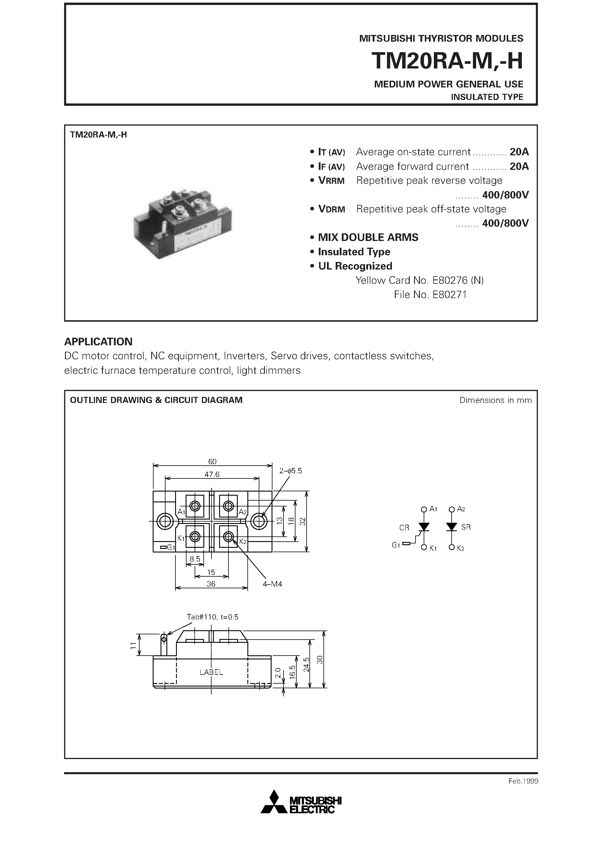 Даташит TM20RA-H - MEDIUM POWER GENERAL USE INSULATED TYPE страница 1