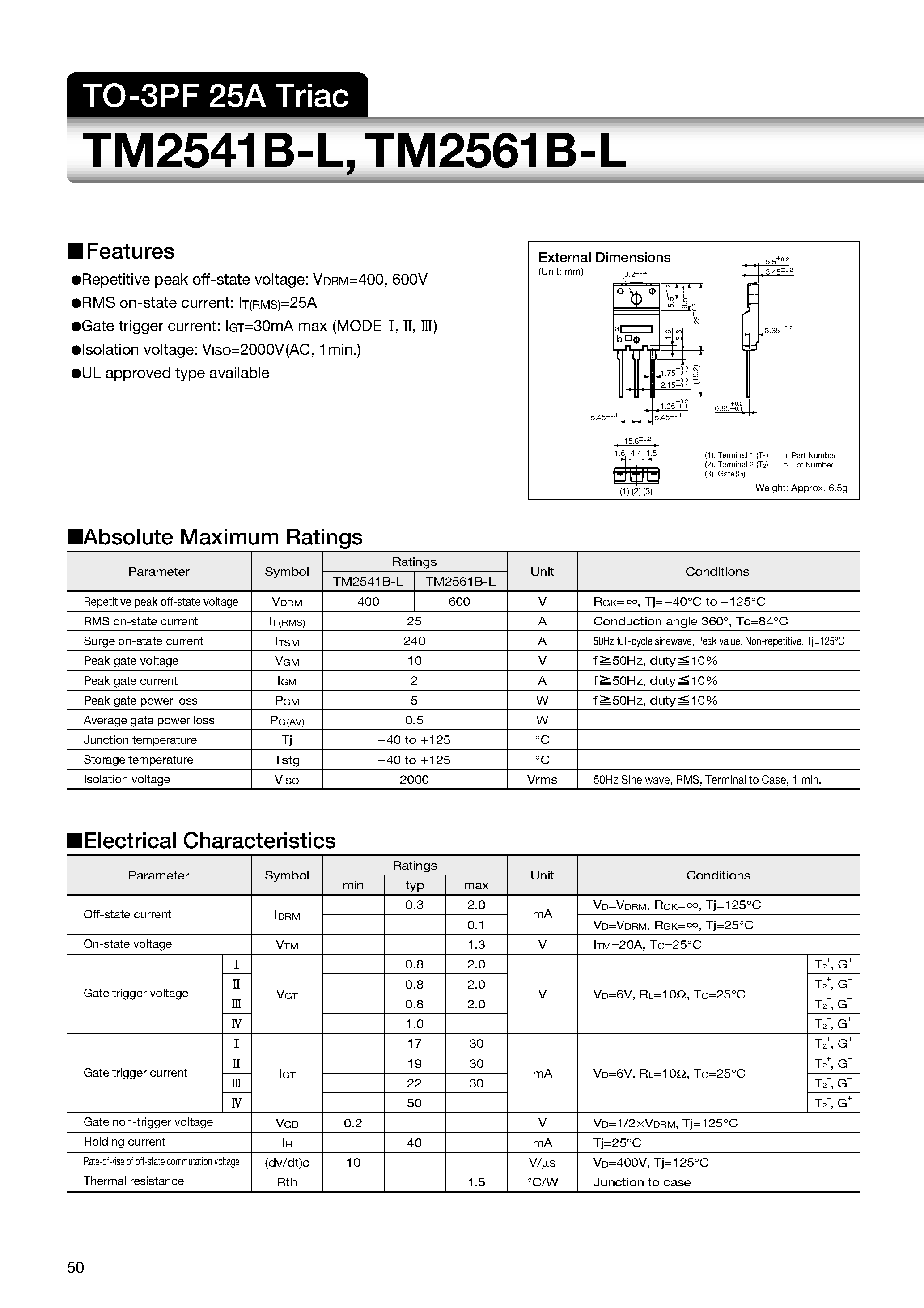 Datasheet TM2541B-L - TO-3PF 25A Triac page 1