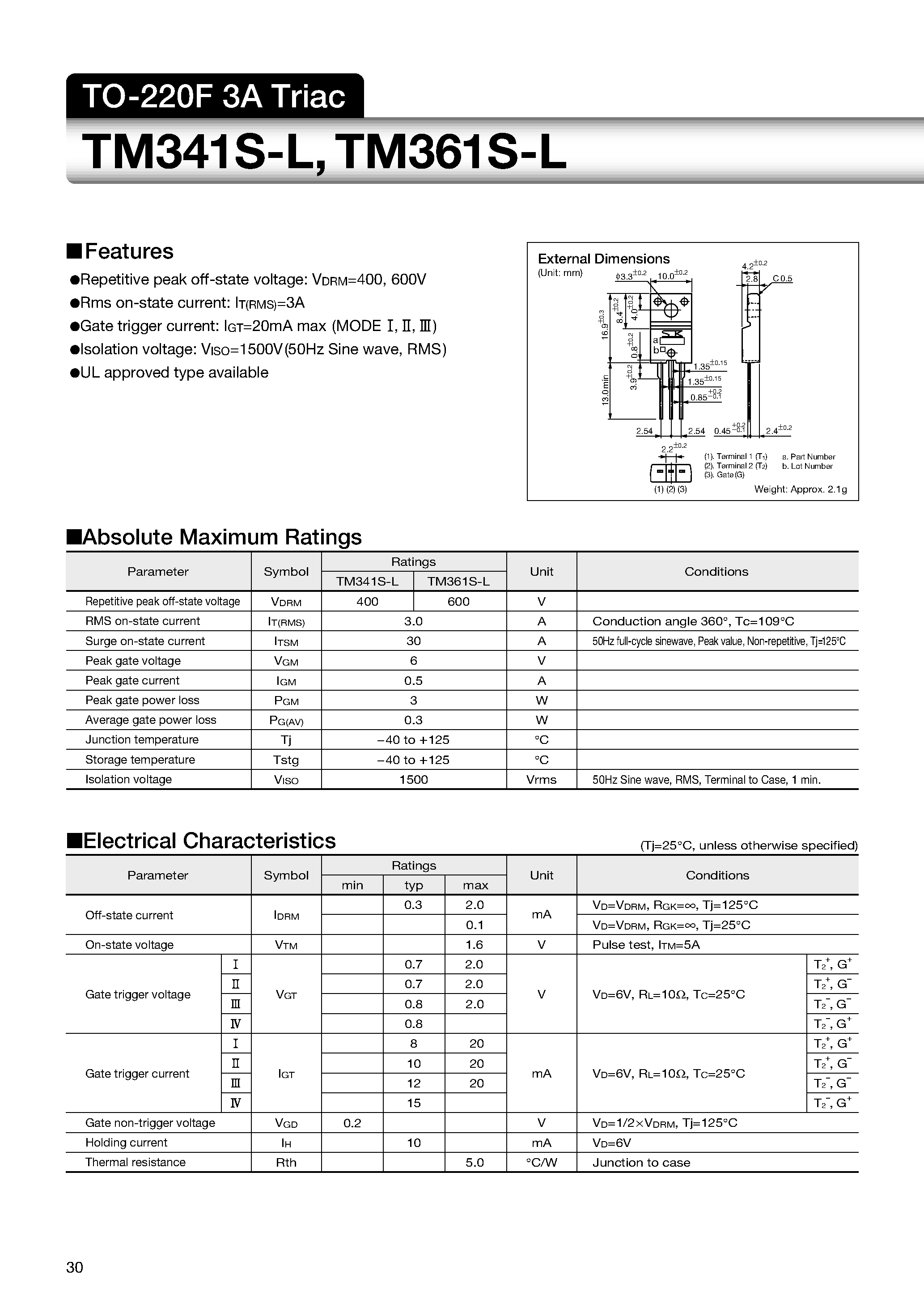 Datasheet TM341S-L - TO-220F 3A Triac page 1