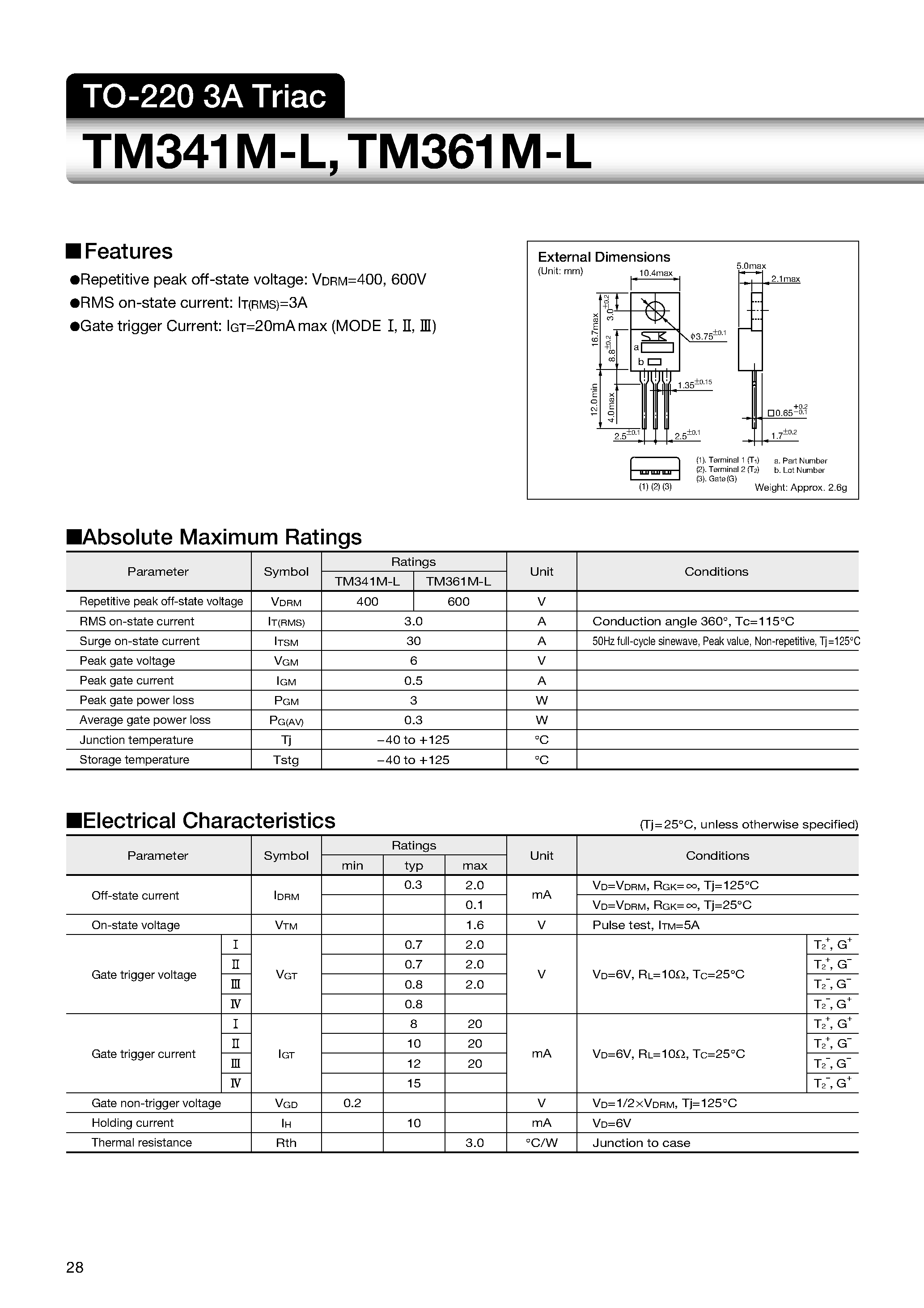 Datasheet TM361M-L - TO-220 3A Triac page 1