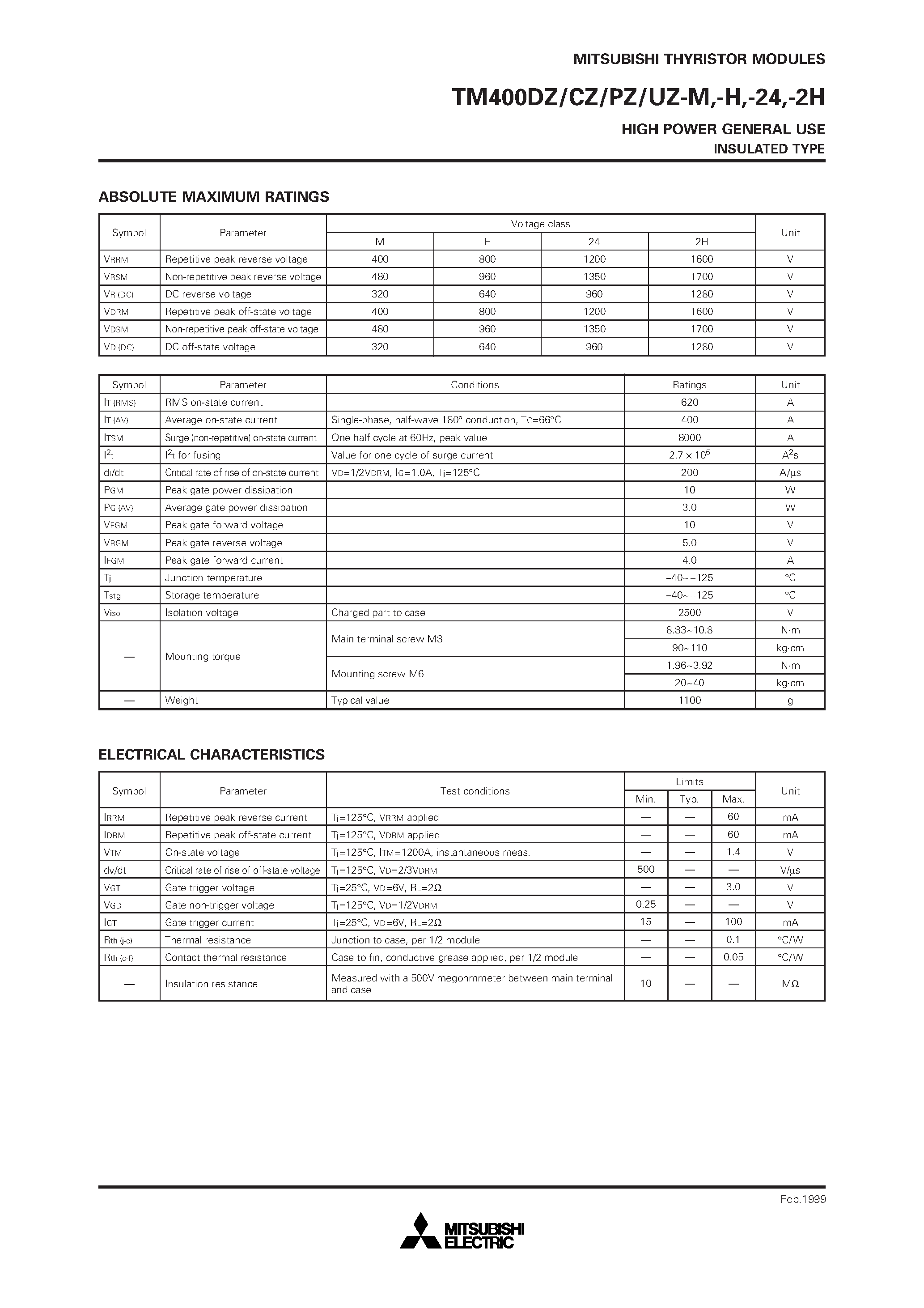 Даташит TM400-H - HIGH POWER GENERAL USE INSULATED TYPE страница 2