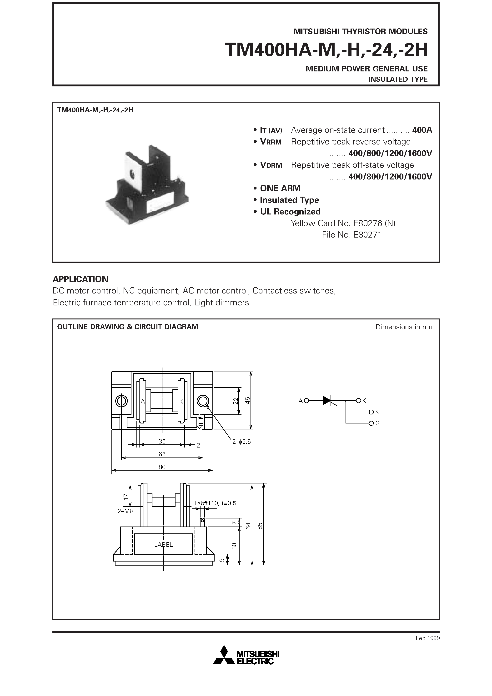 Даташит TM400HA-H - MEDIUM POWER GENERAL USE INSULATED TYPE страница 1