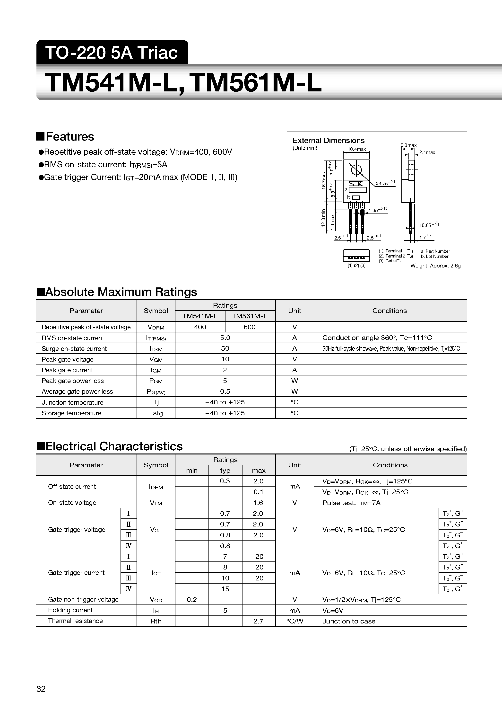 Datasheet TM541M-L - TO-220 5A Triac page 1