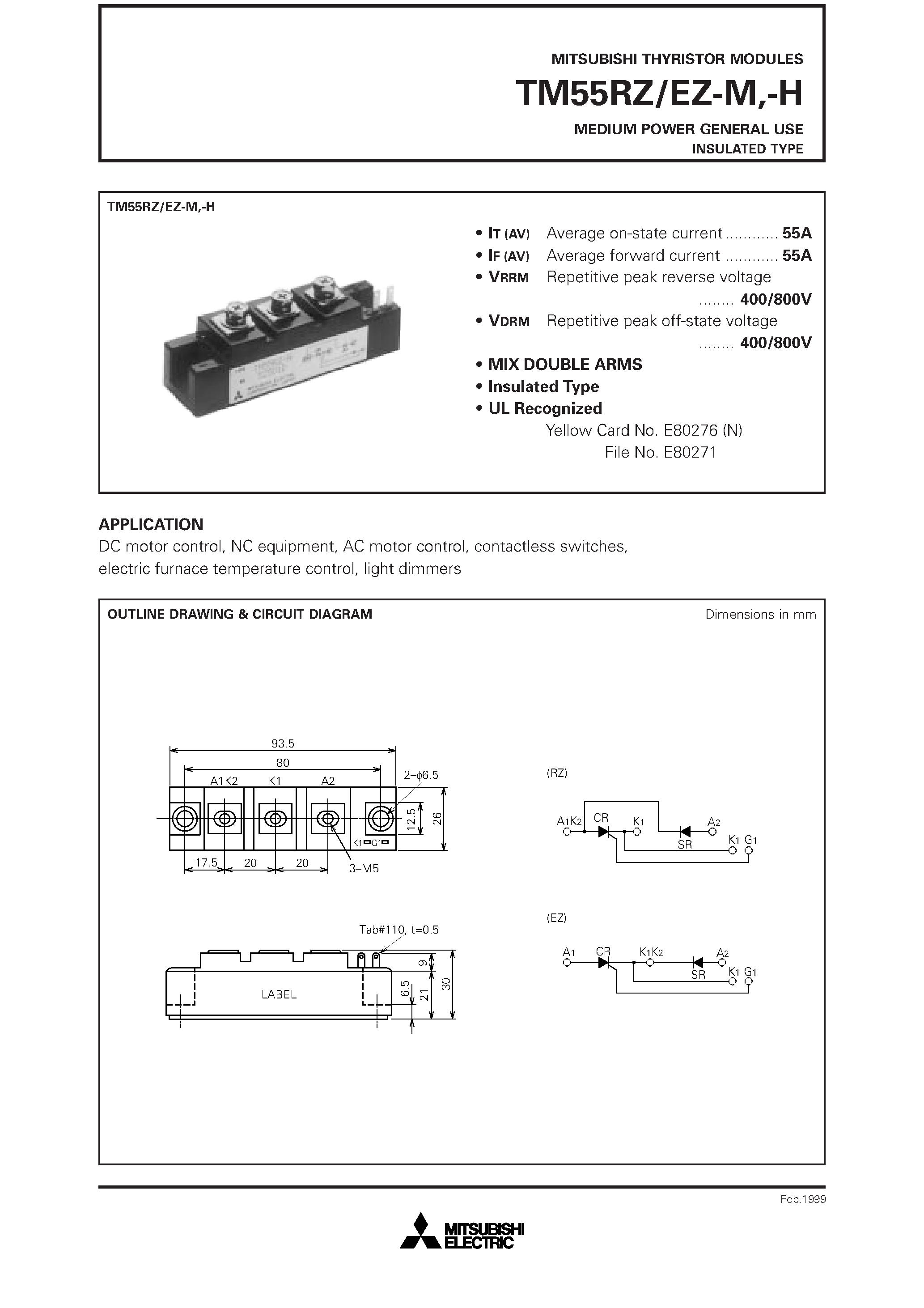 Даташит TM55EZ-H - MEDIUM POWER GENERAL USE INSULATED TYPE страница 1