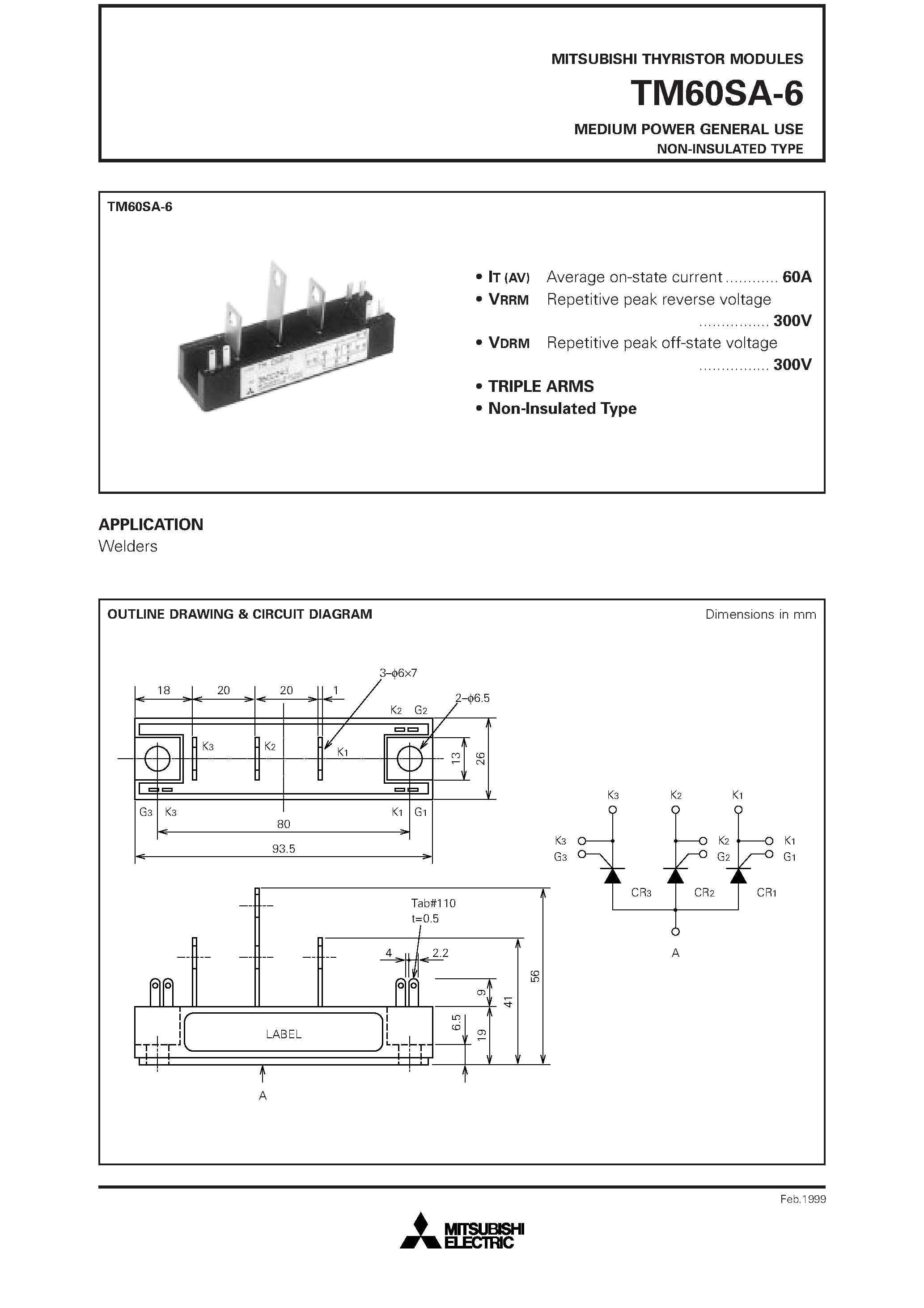 Datasheet TM60SA-6 - MEDIUM POWER GENERAL USE NON-INSULATED TYPE page 1