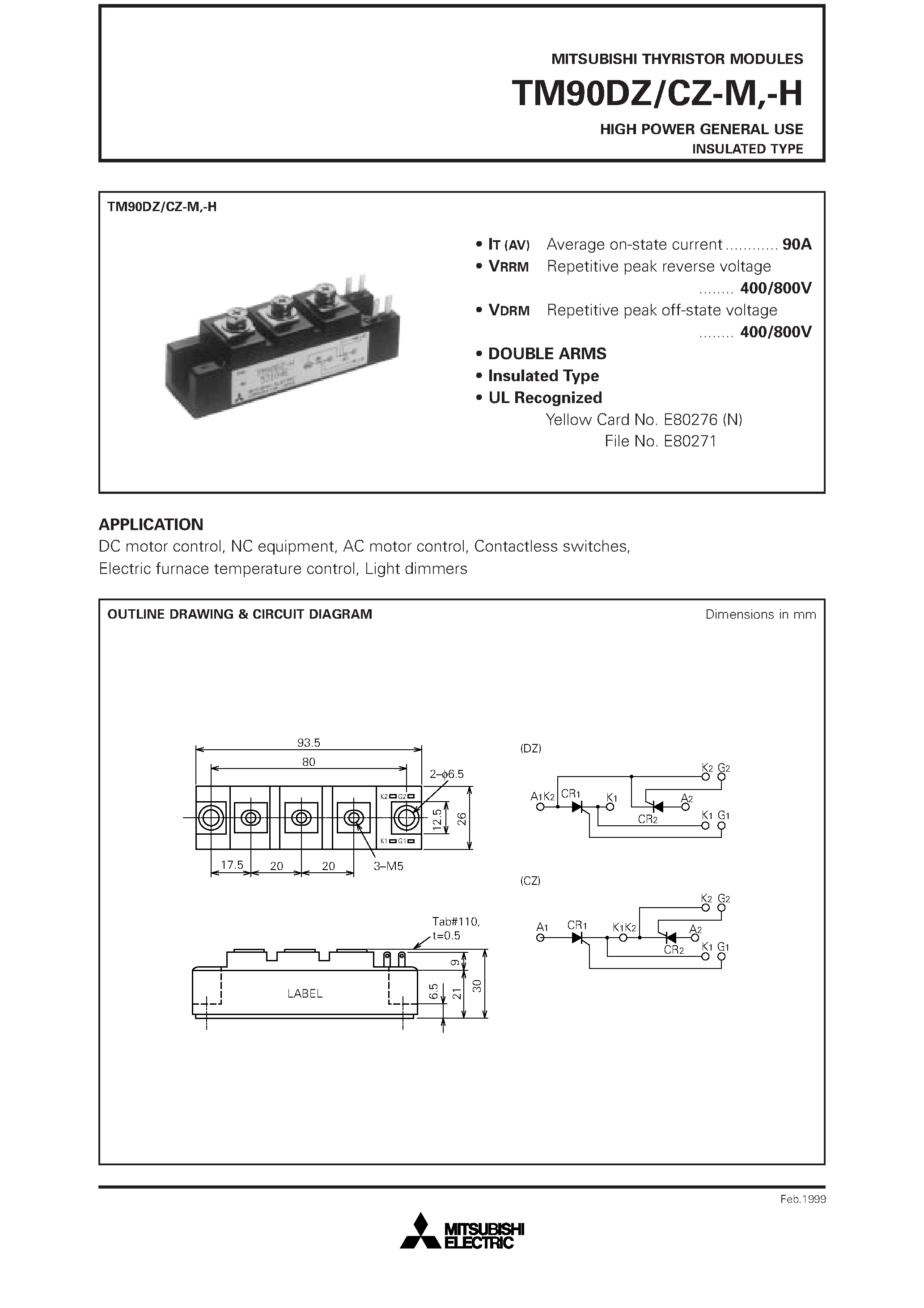 Даташит TM90CZ-H - HIGH POWER GENERAL USE INSULATED TYPE страница 1