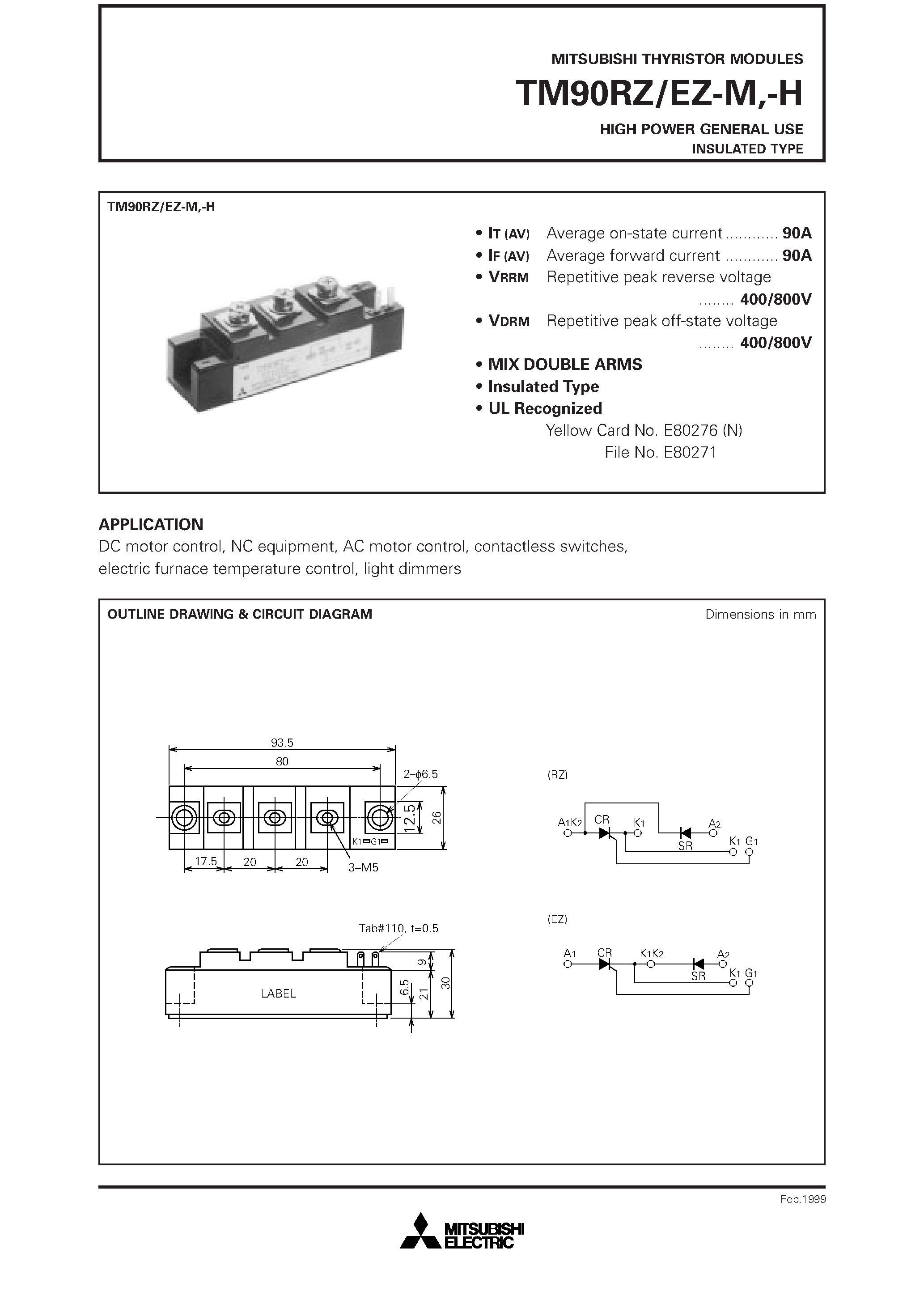 Даташит TM90EZ-H - HIGH POWER GENERAL USE INSULATED TYPE страница 1