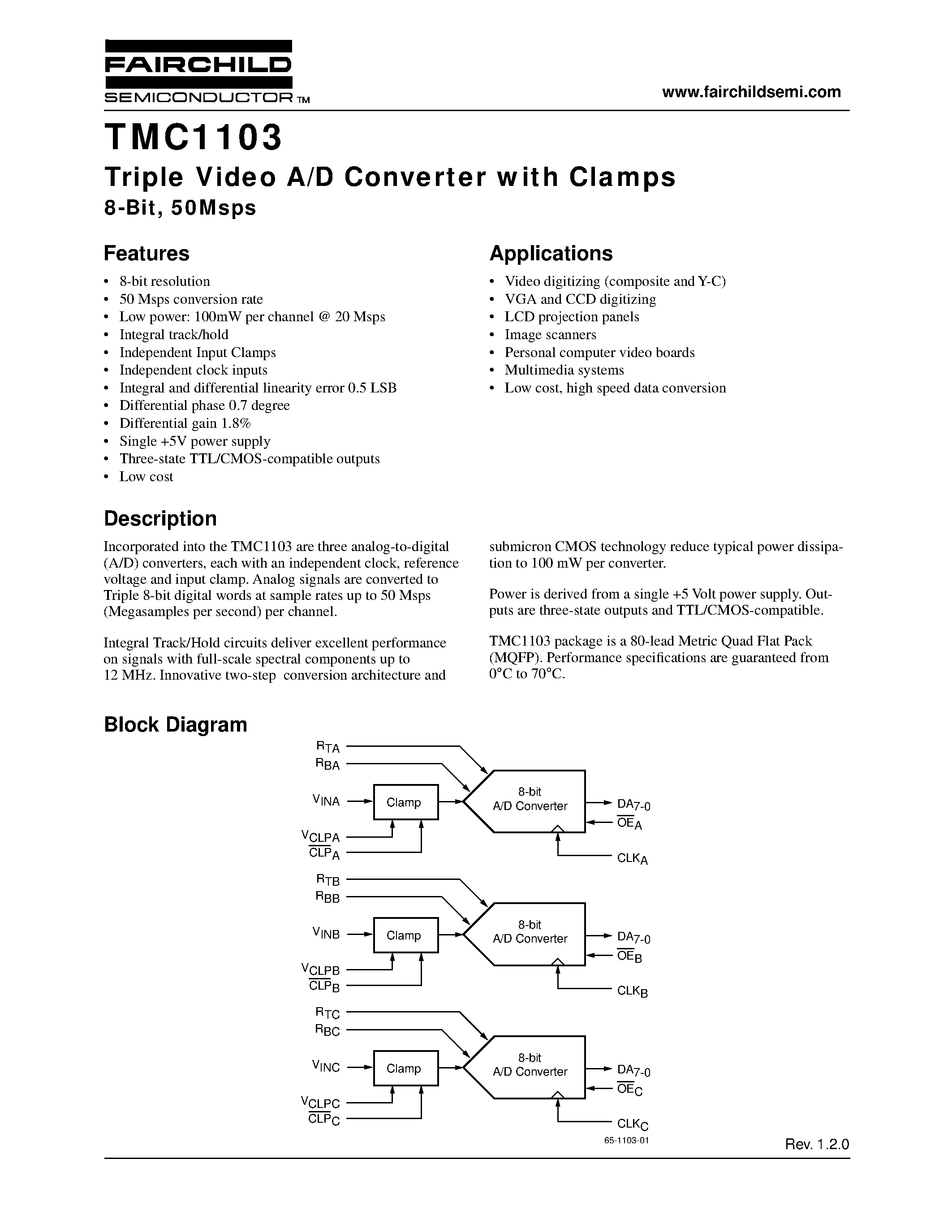 Datasheet TMC1103 - Triple Video A/D Converter with Clamps 8-Bit/ 50Msps page 1