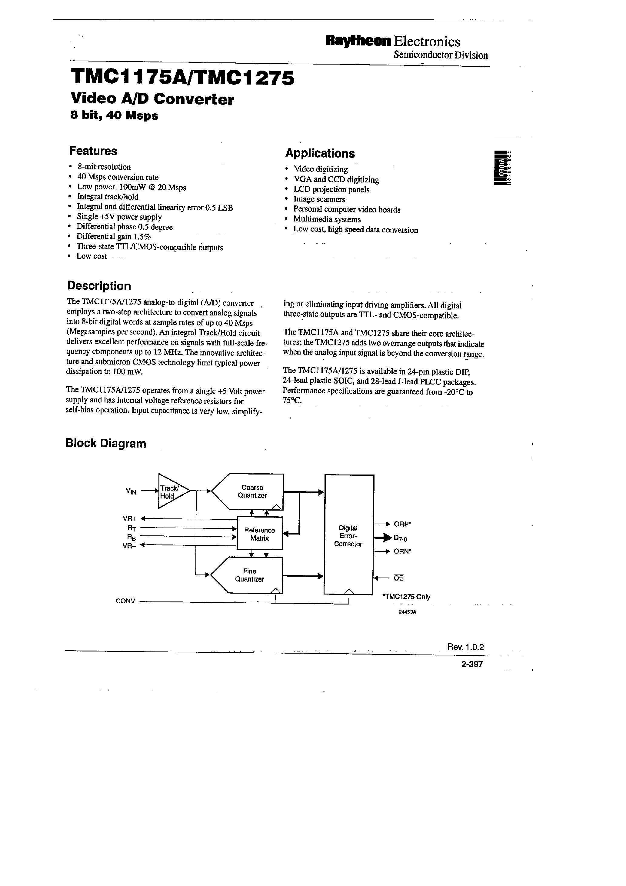 Datasheet TMC1175AM7C20 - Video A/D Conveter page 1