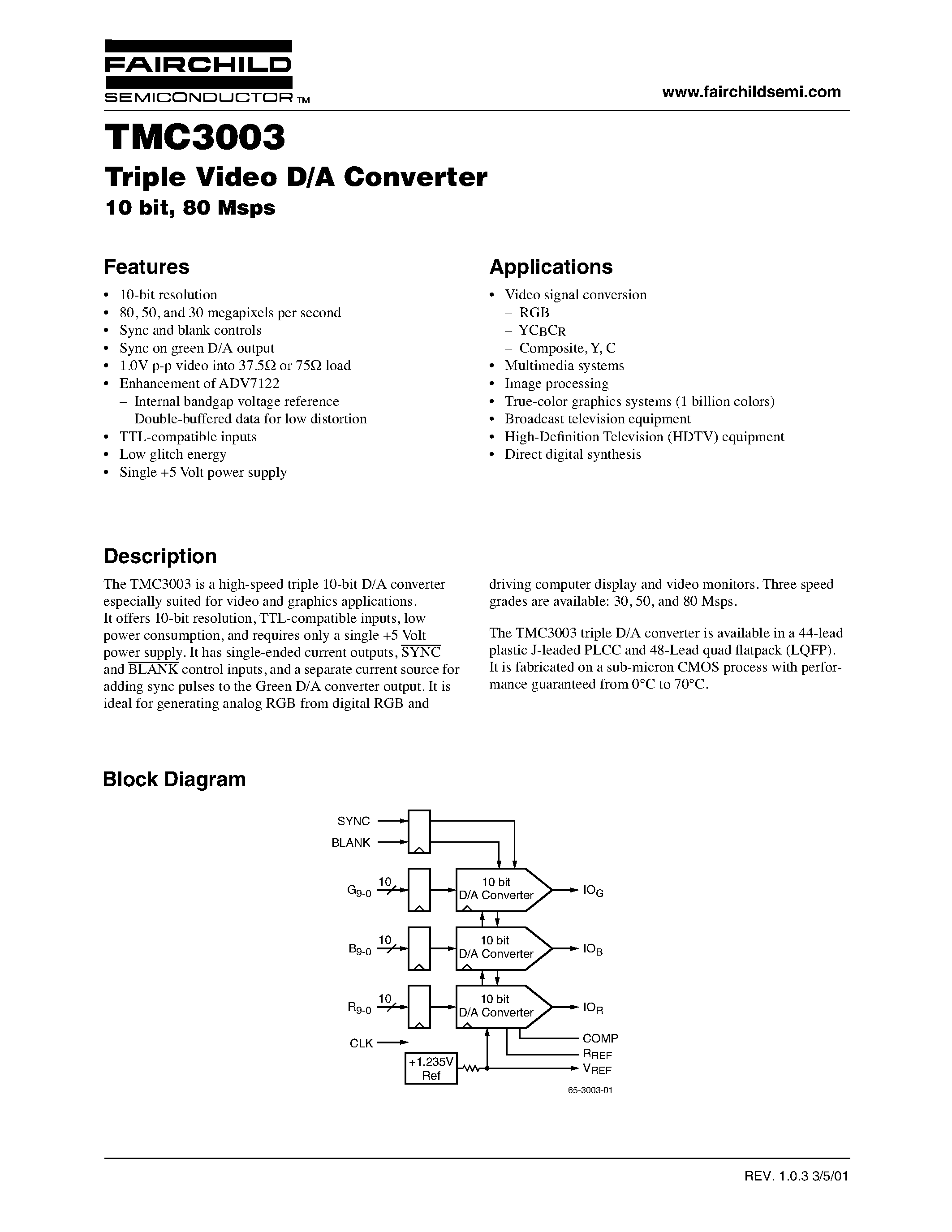 Datasheet TMC3003 - Triple Video D/A Converter page 1