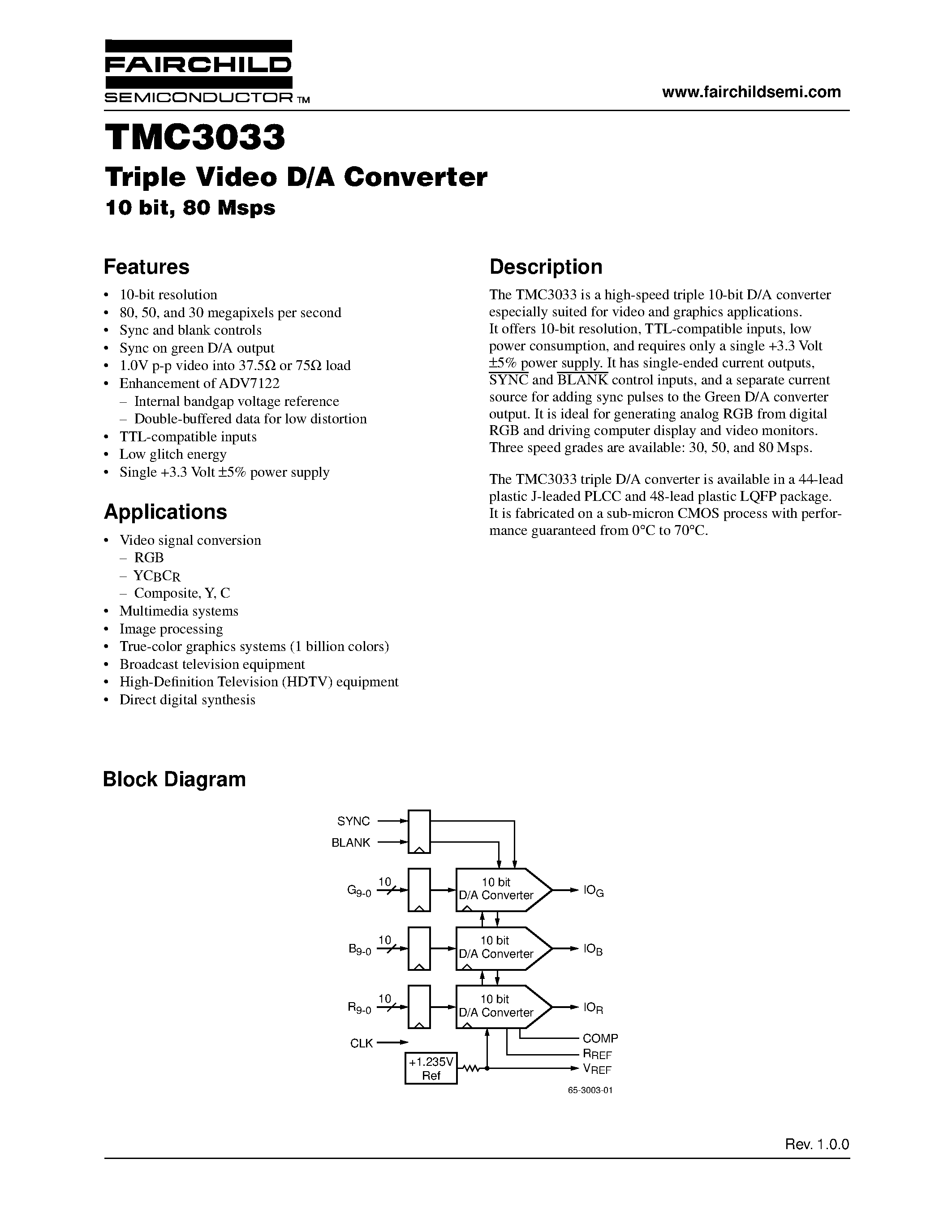 Datasheet TMC3033 - Triple Video D/A Converter 10 bit/ 80 Msps page 1