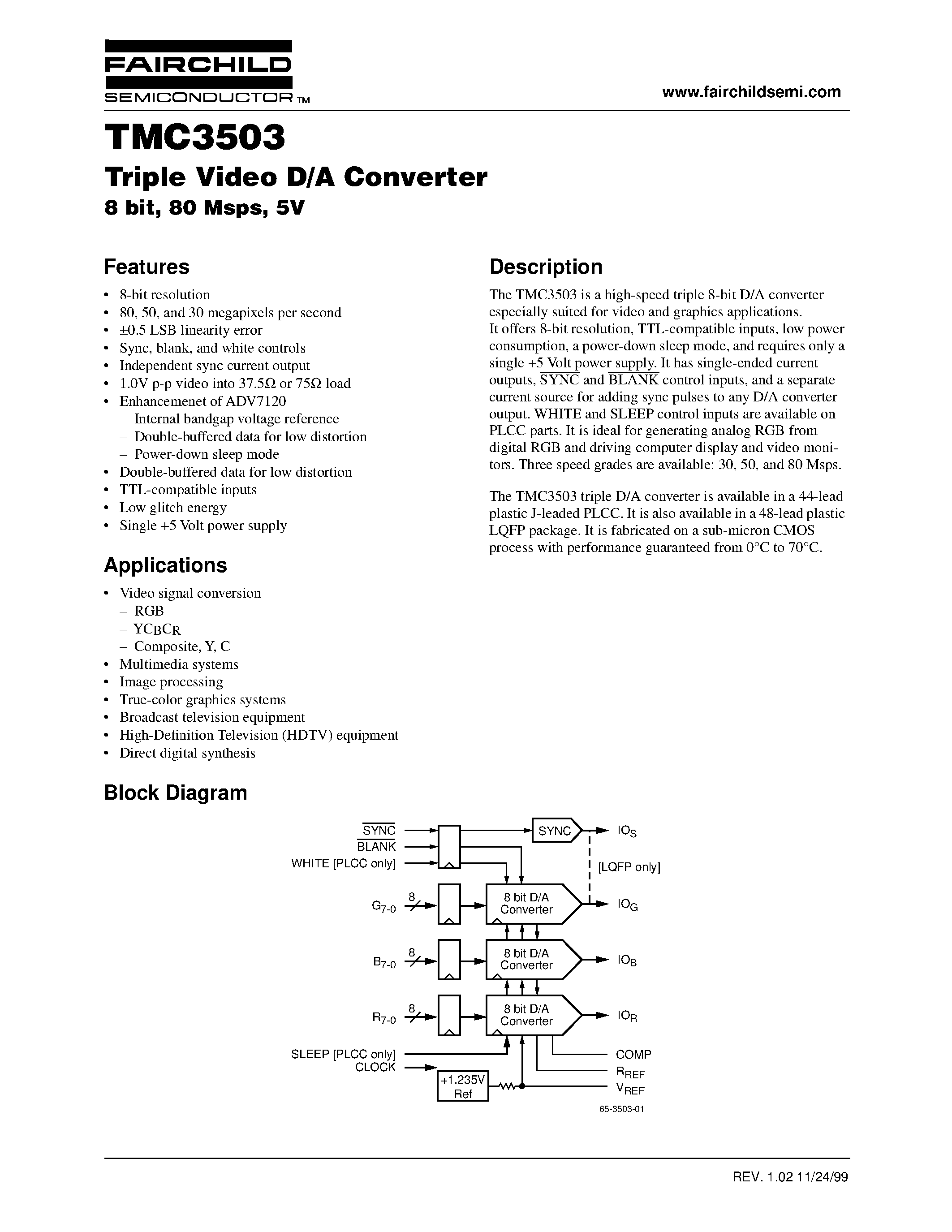 Даташит TMC3503KRC50 - Triple Video D/A Converter 8 bit/ 80 Msps/ 5V страница 1