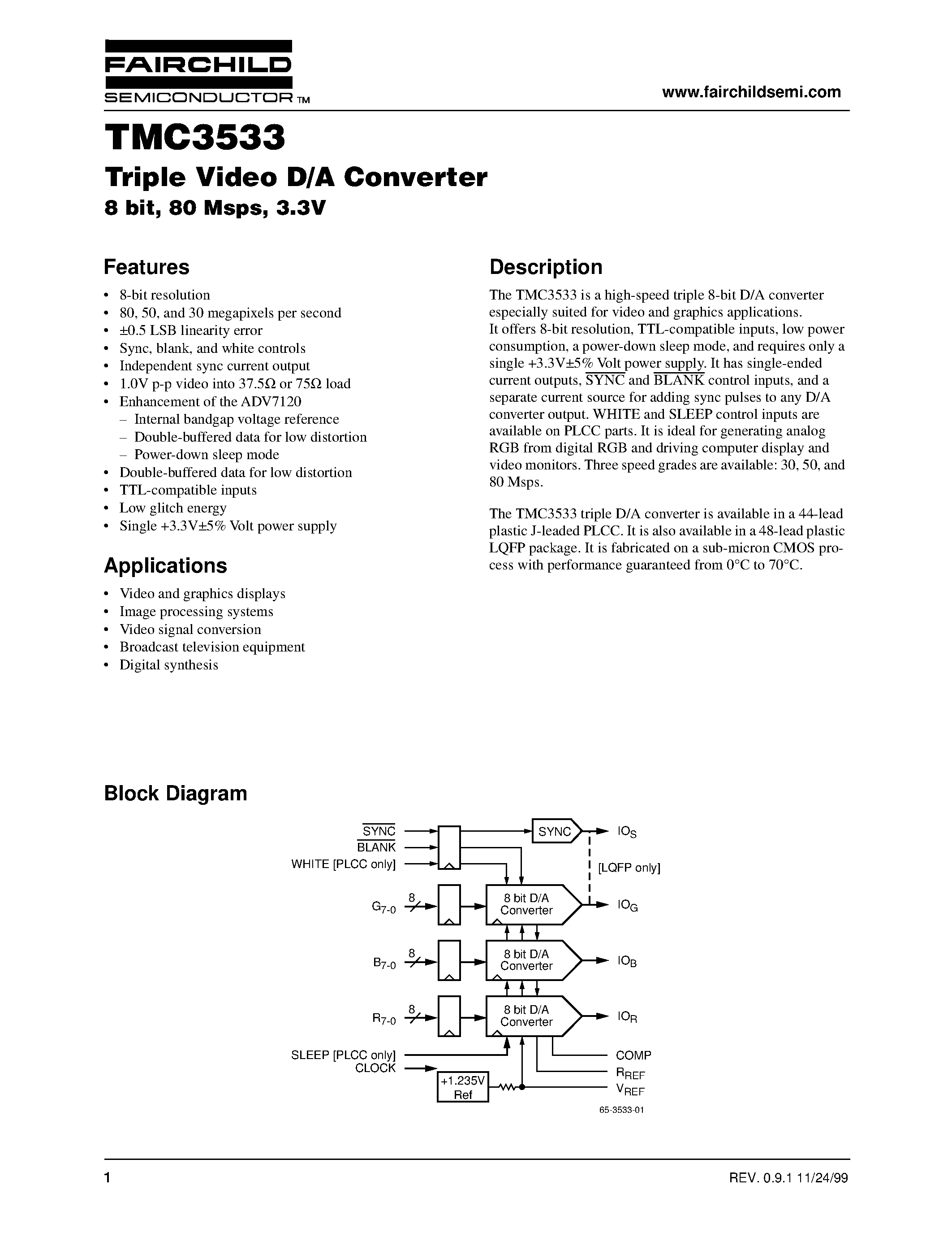 Даташит TMC3533 - Triple Video D/A Converter 8 bit/ 80 Msps/ 3.3V страница 1