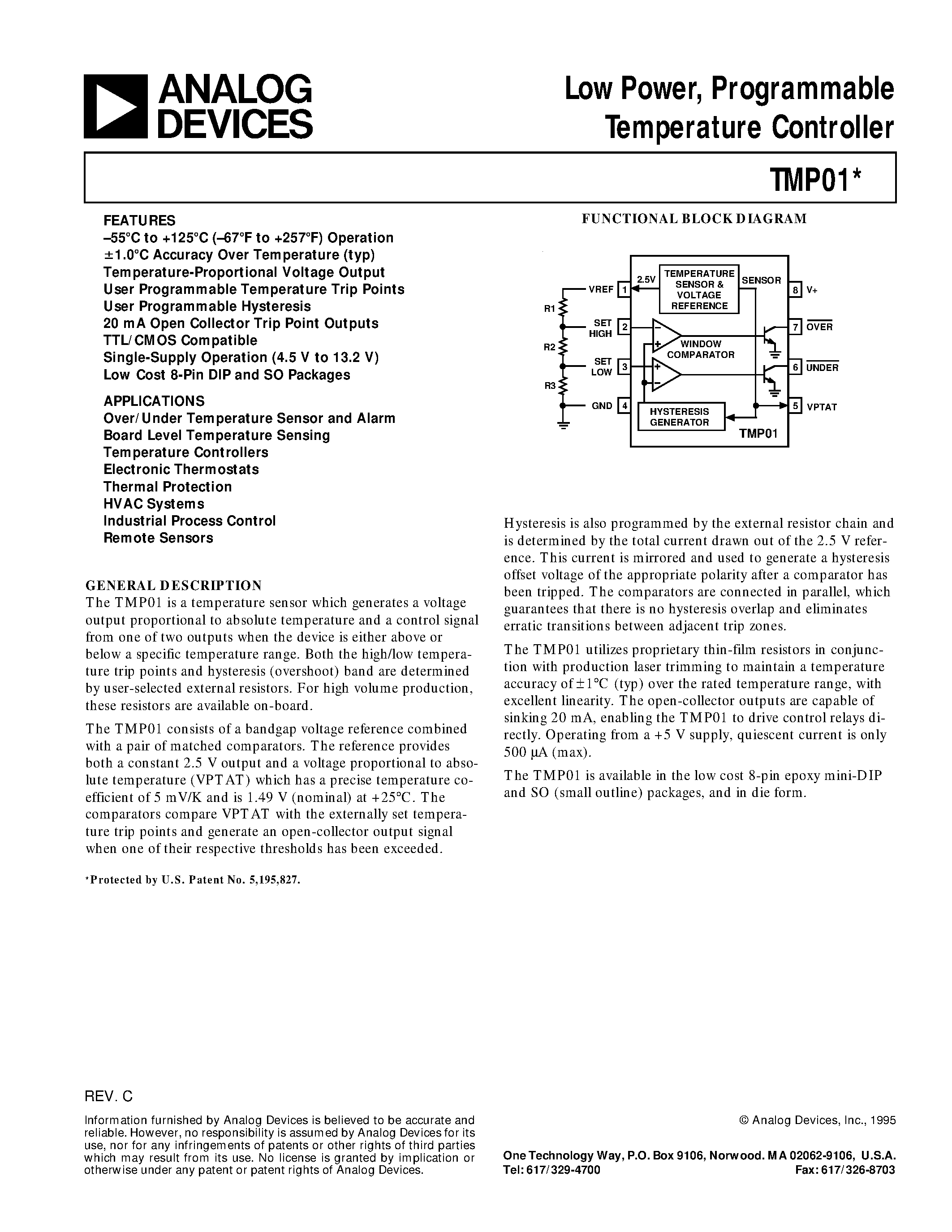 Даташит TMP01 - Low Power/ Programmable Temperature Controller страница 1