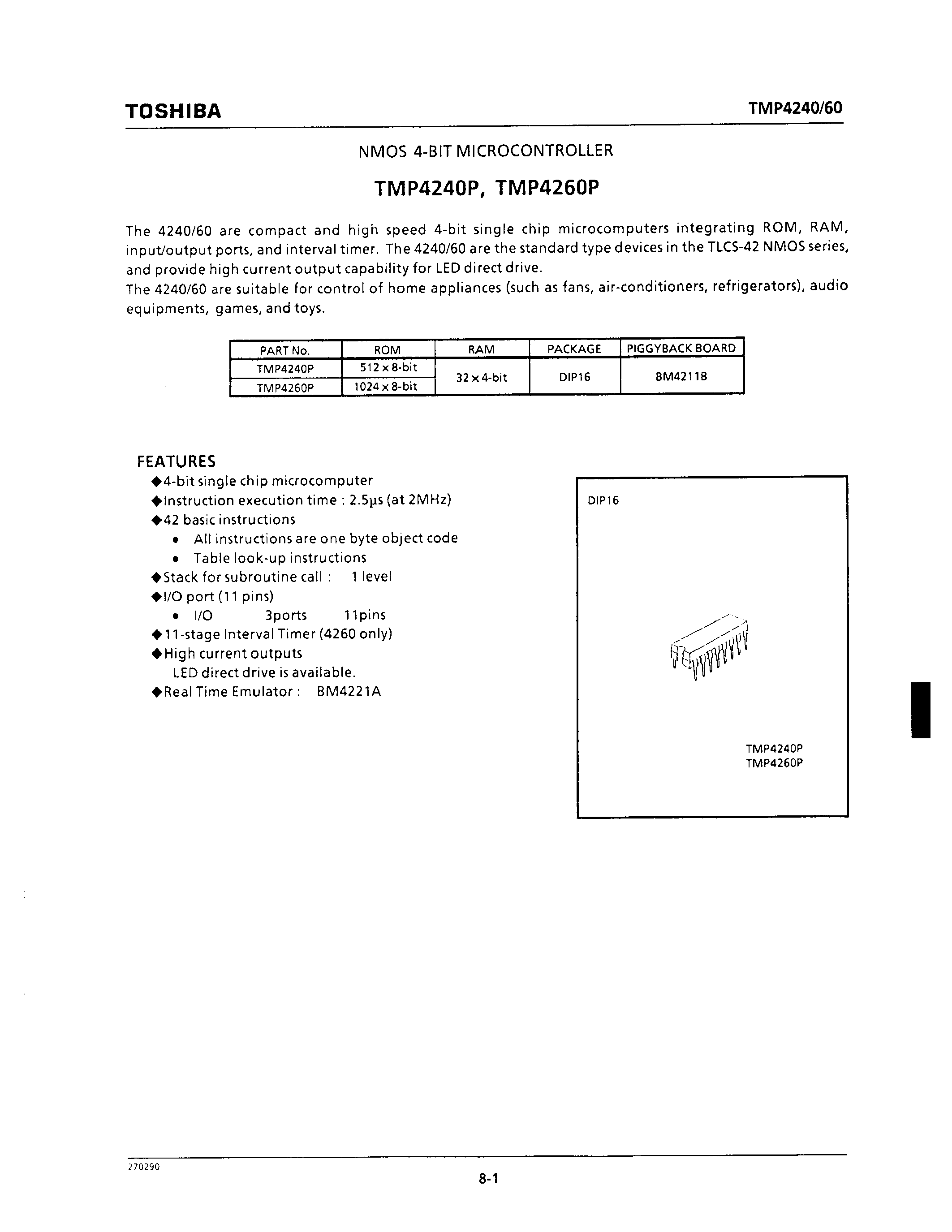 Datasheet TMP4240 - NMOS 4-BIT MICROCONTROLLER page 1