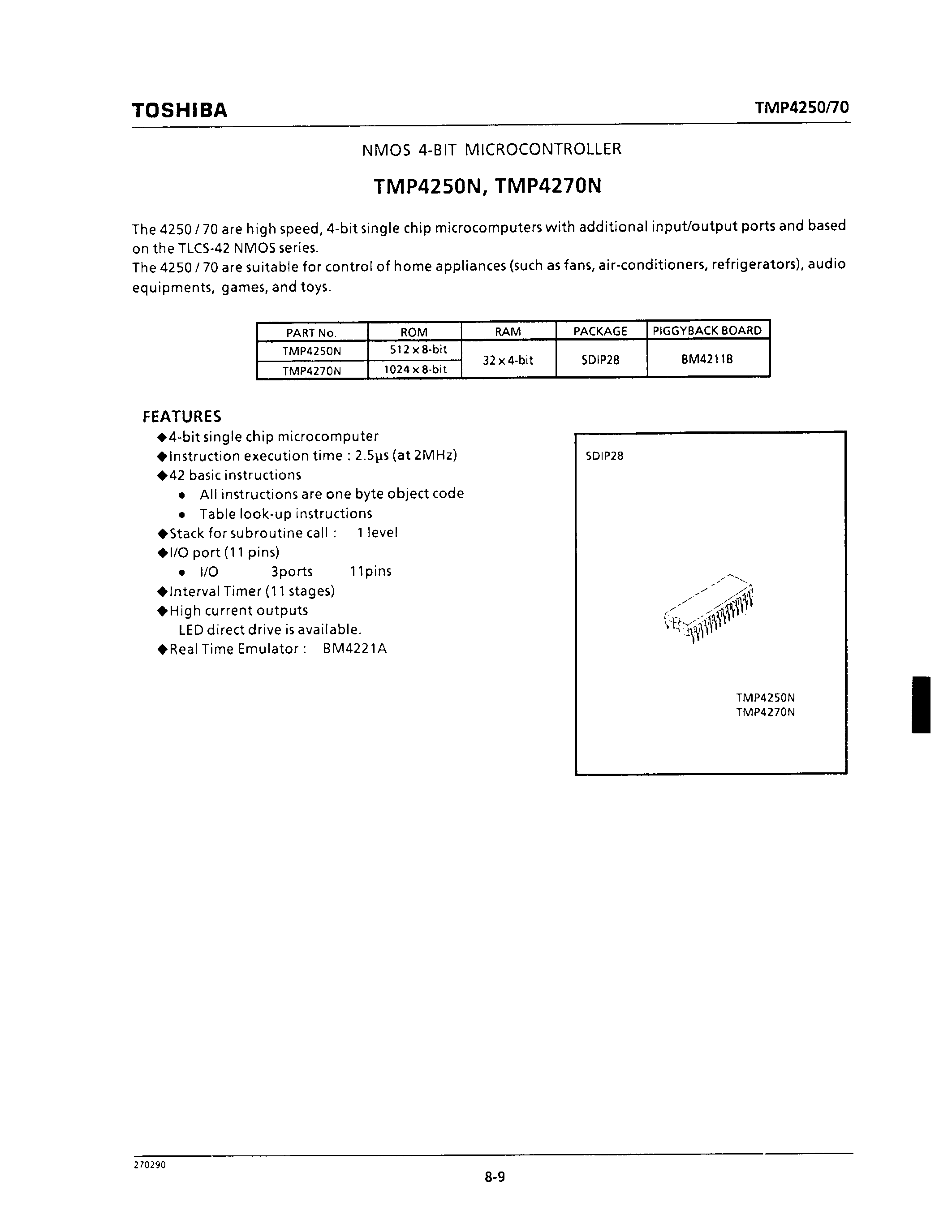 Datasheet TMP4250N - NMOS 4-BIT MICROCONTROLLER page 1