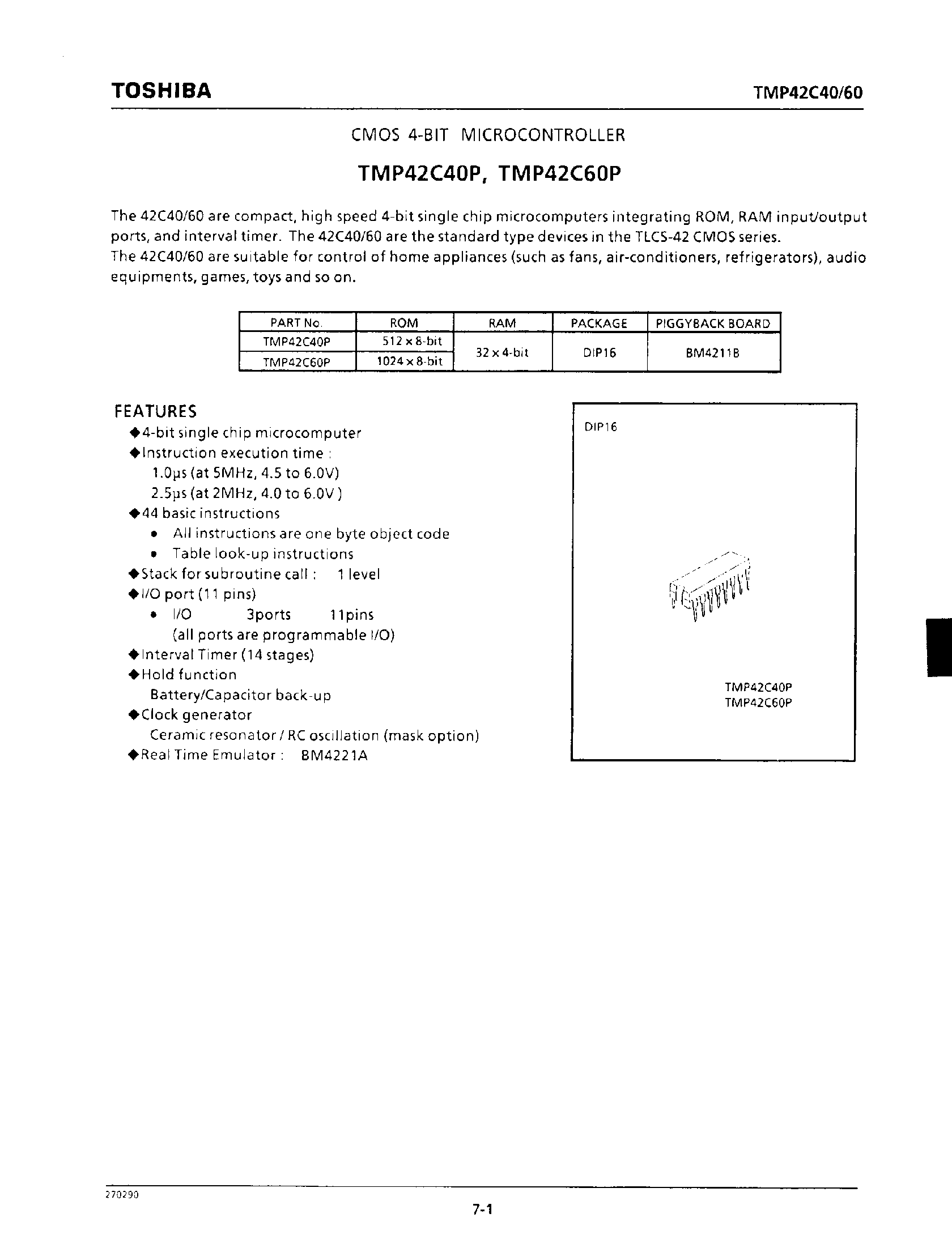 Datasheet TMP42C60P - CMOS 4-BIT MICROCONTROLLER page 1