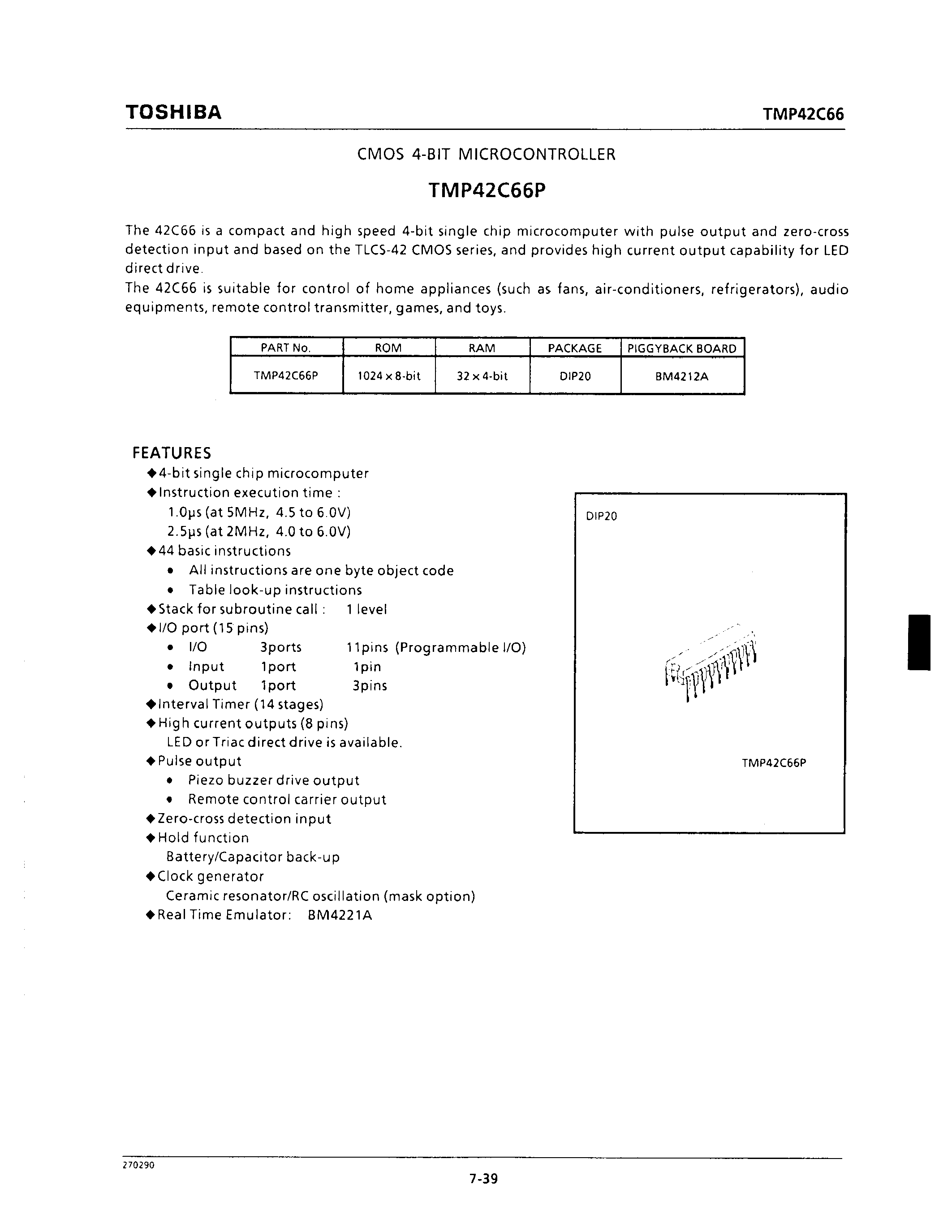 Datasheet TMP42C66P - CMOS 4-BIT MICROCONTROLLER page 1