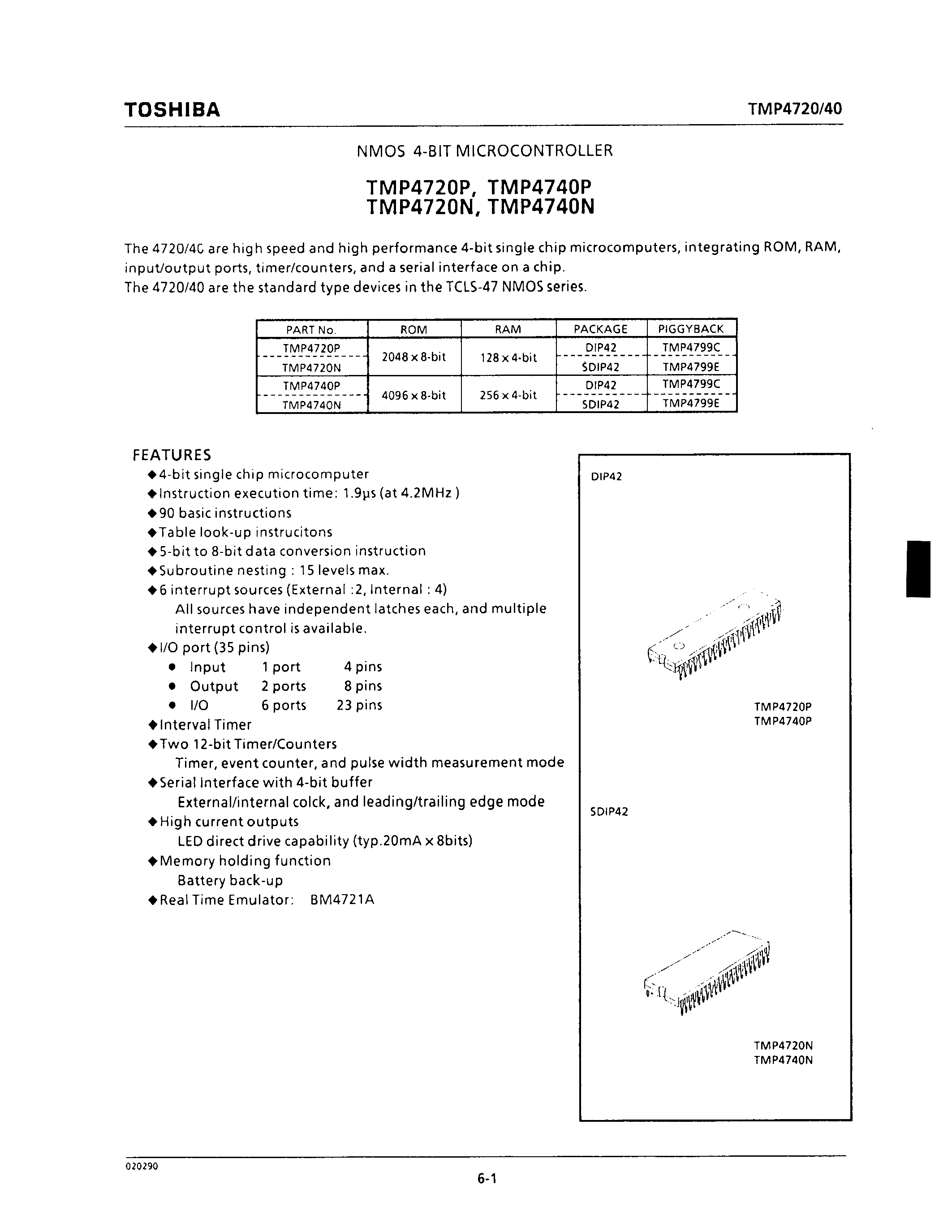 Datasheet TMP4720P - NMOS 4-BIT MICROCONTROLLER page 1