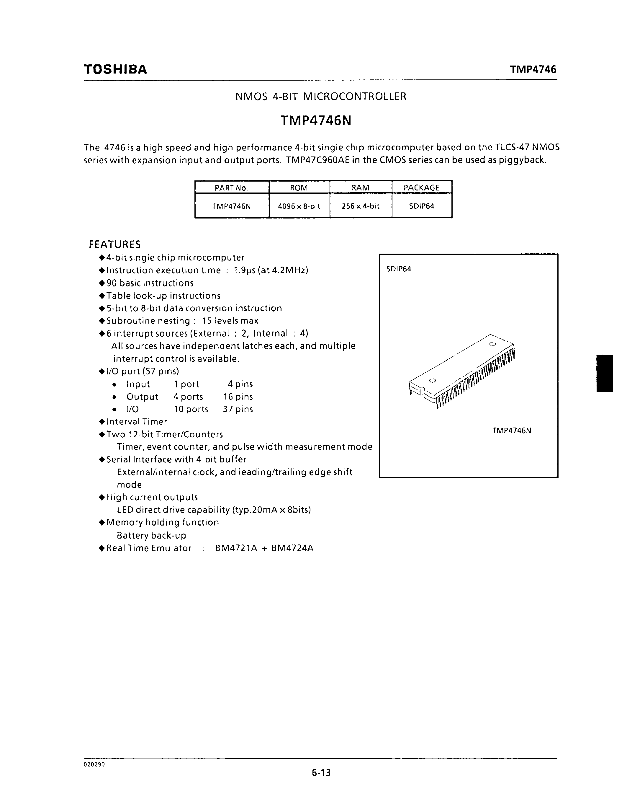 Datasheet TMP4746N - NMOS 4-BIT MICROCONTROLLER page 1