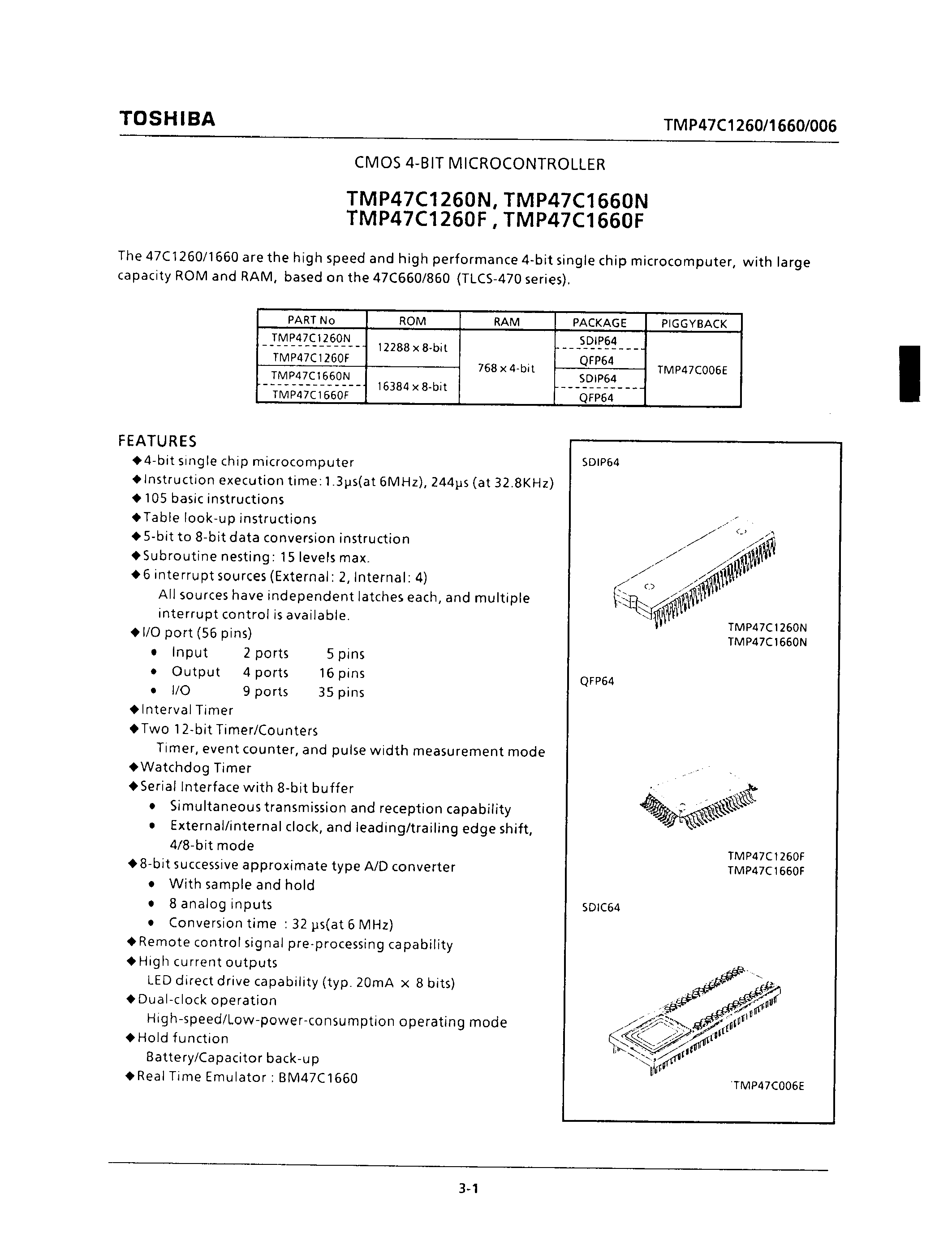 Datasheet TMP47C1260N - CMOS 4-BIT MICROCONTROLLER page 1