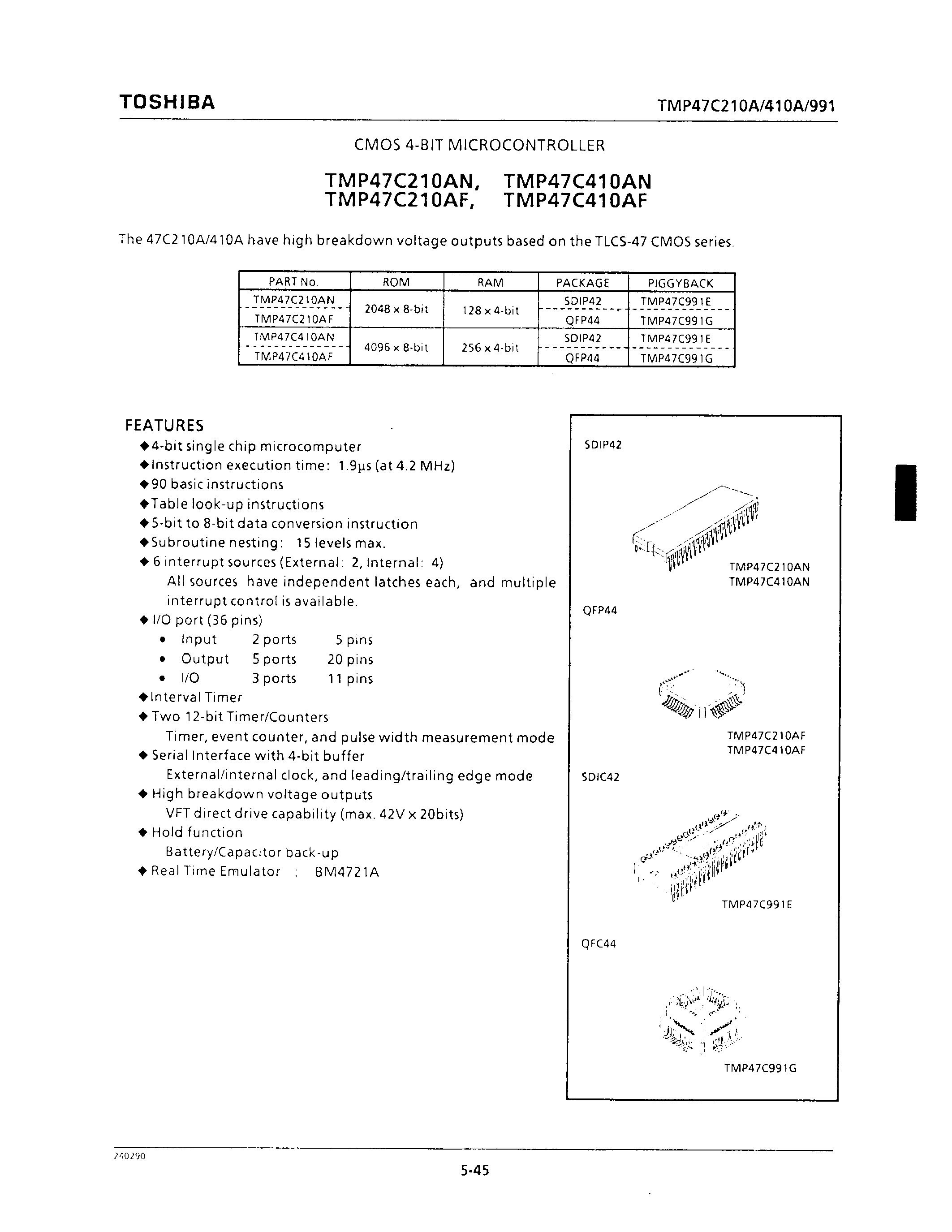 Datasheet TMP47C210AF - CMOS 4-BIT MICROCONTROLLER page 1