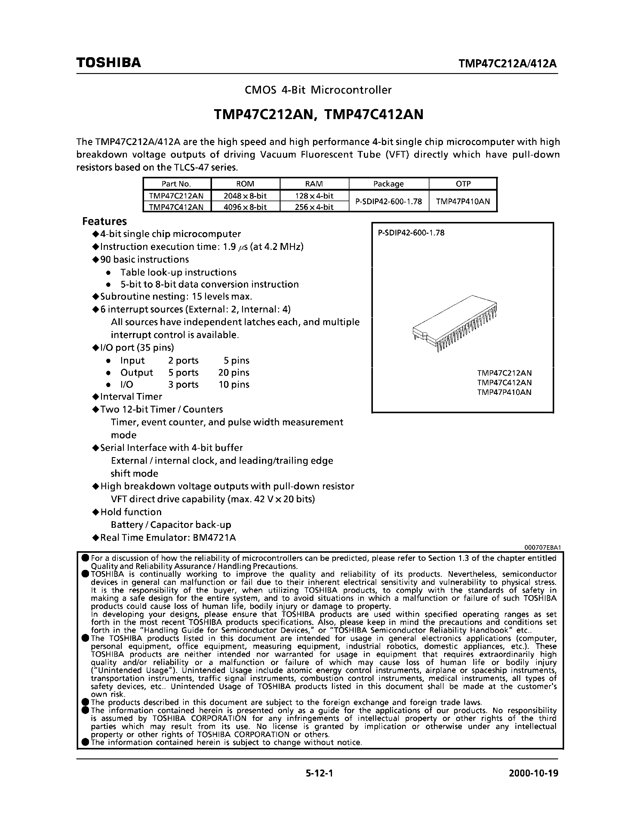 Datasheet TMP47C212AN - cmos 4-bit microcontroller page 1