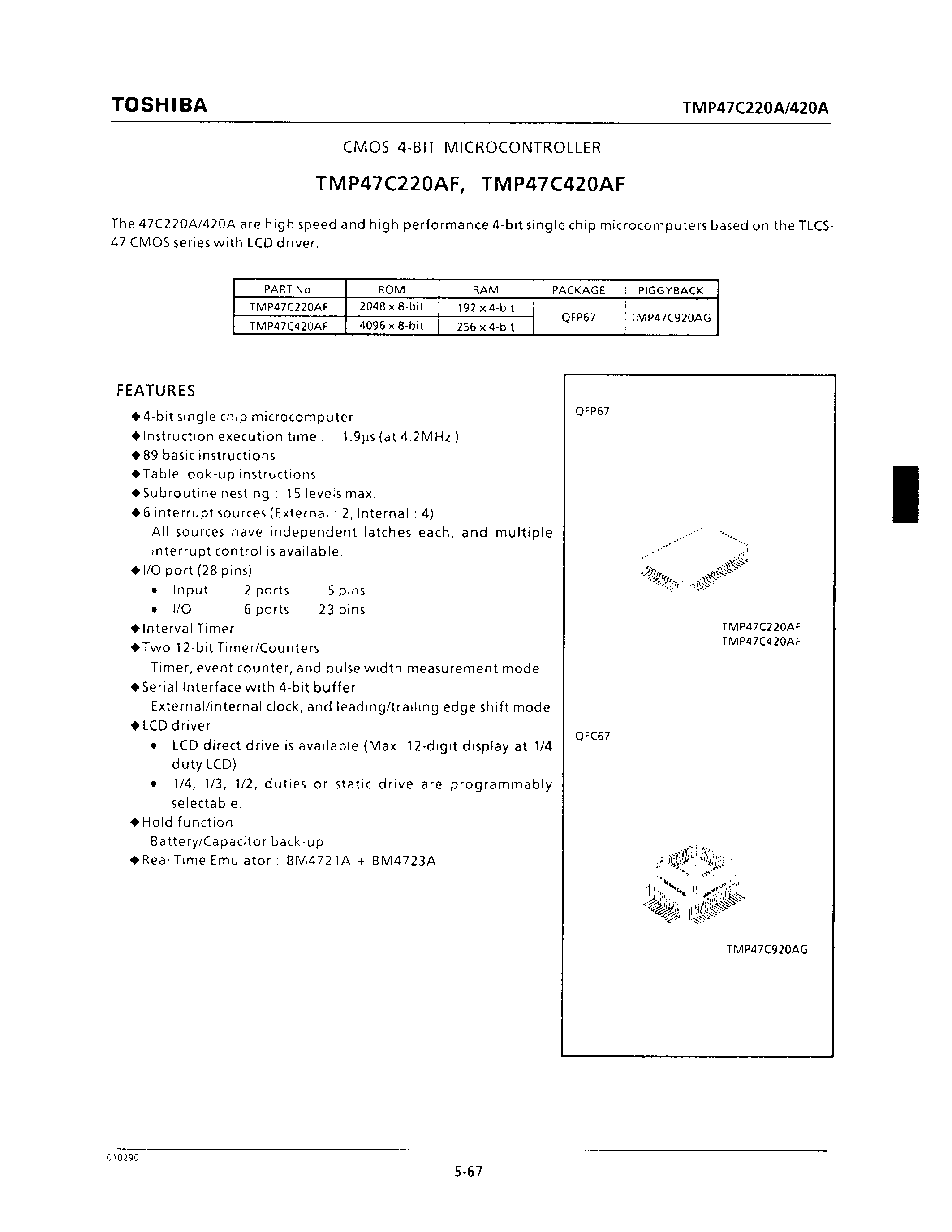 Datasheet TMP47C220AF - CMOS 4-BIT MICROCONTROLLER page 1