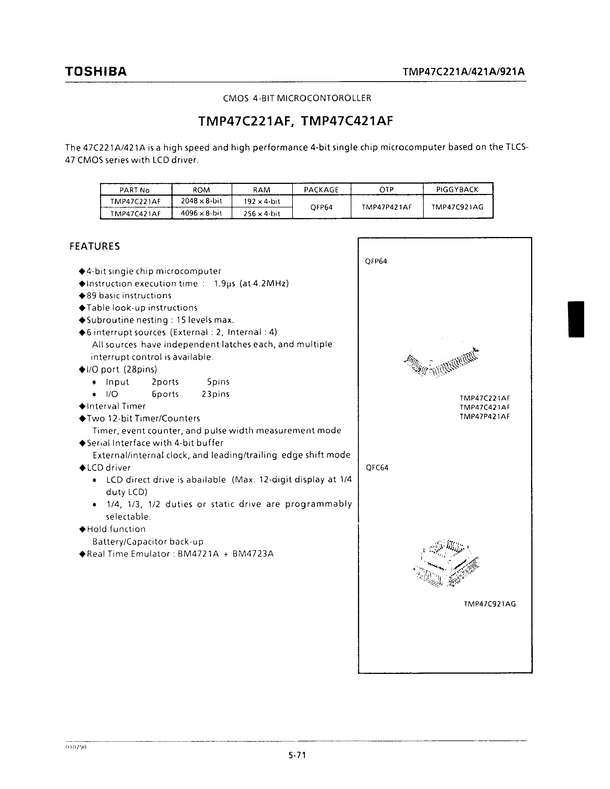 Datasheet TMP47C221AF - CMOS 4-BIT MICROCONTOROLLER page 1