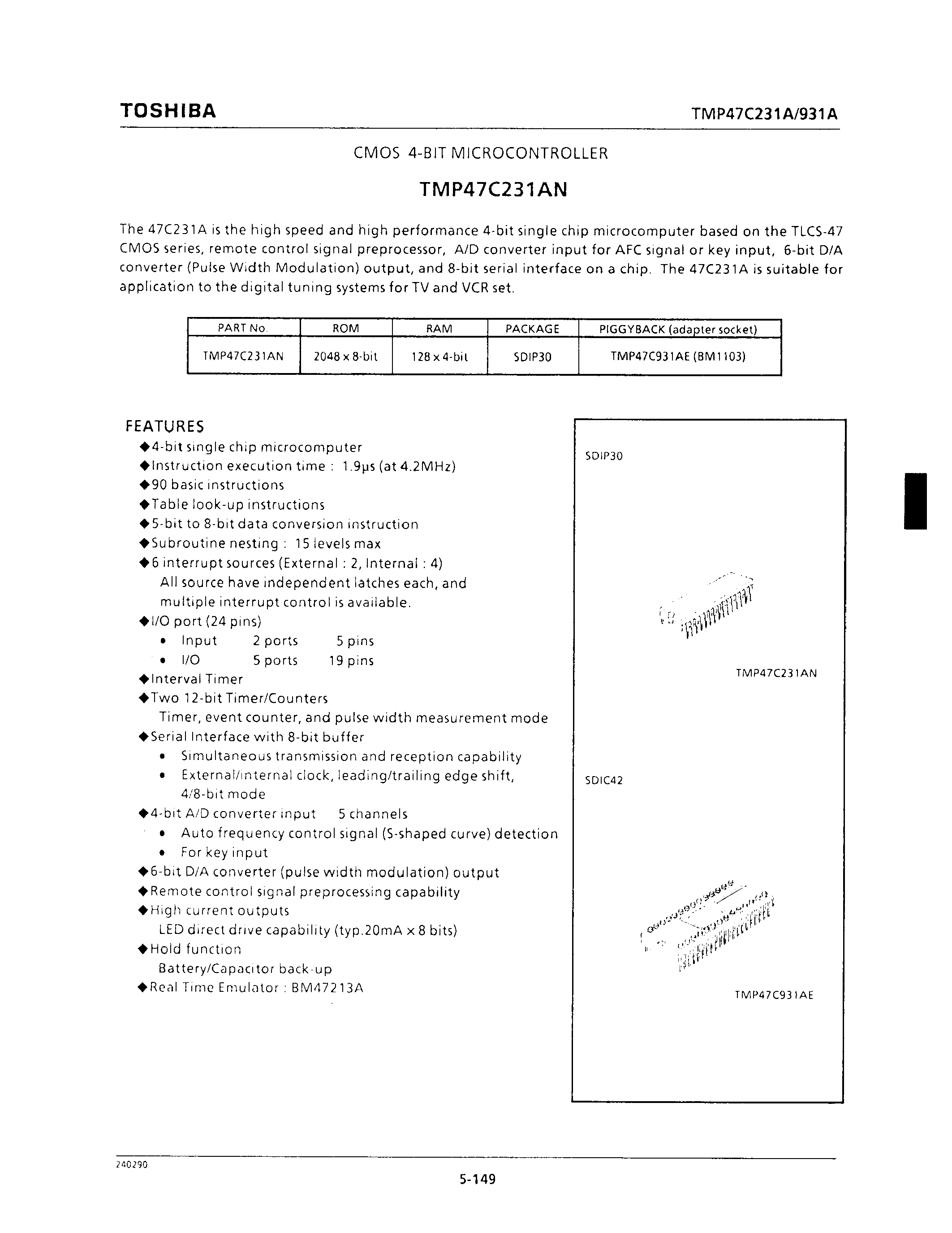 Datasheet TMP47C231AN - CMOS 4-BIT MICROCONTROLLER page 1