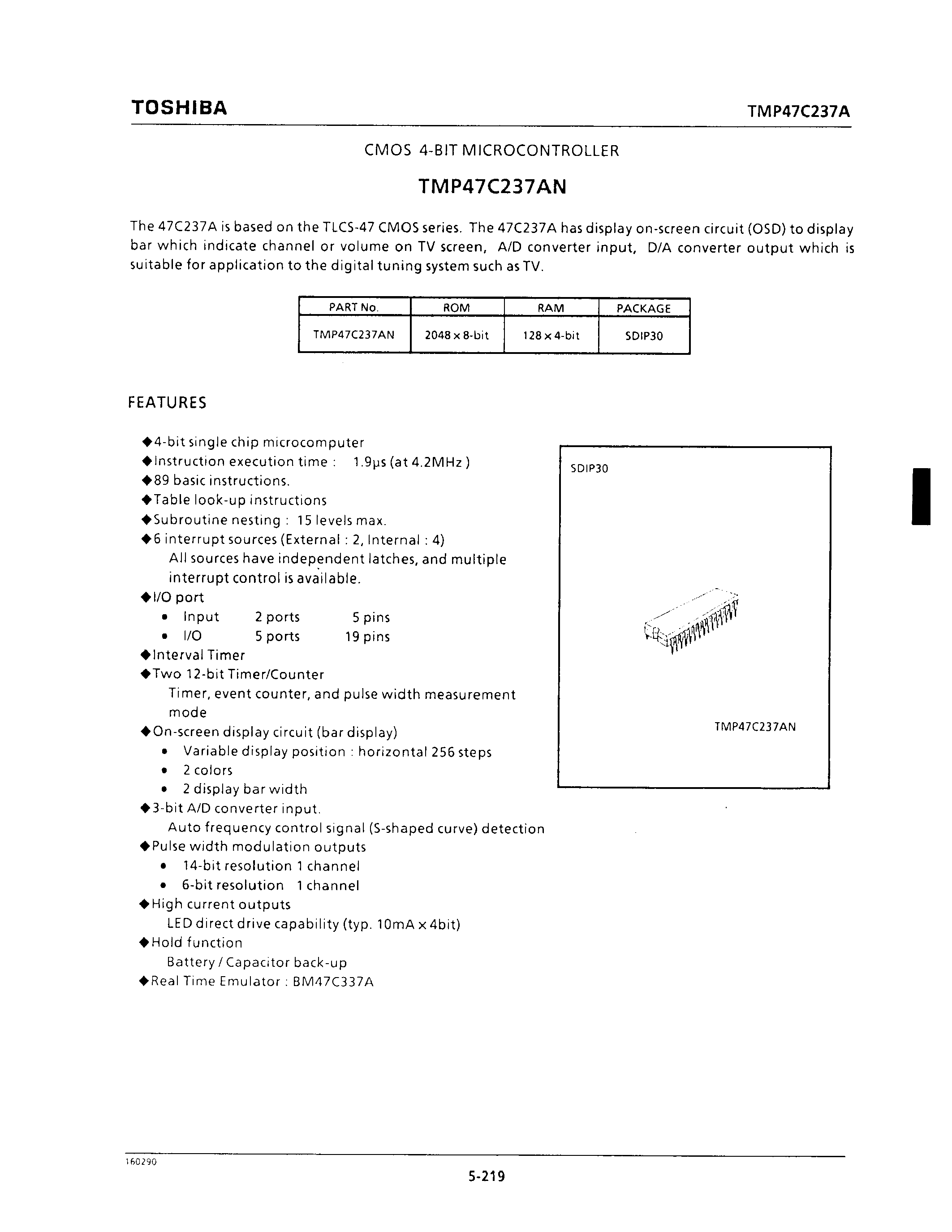 Datasheet TMP47C237AN - CMOS 4-BIT MICROCONTROLLER page 1