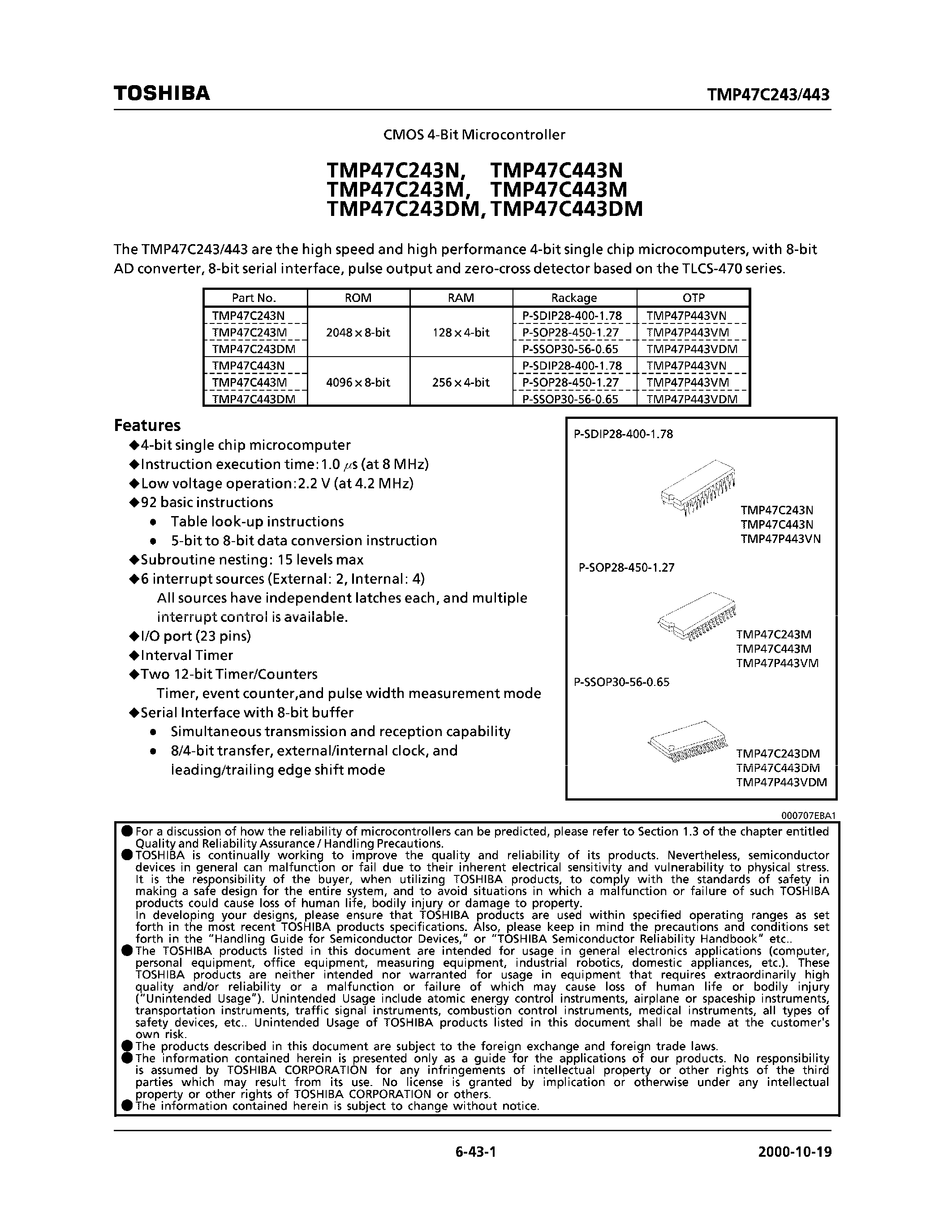 Datasheet TMP47C243DM - CMOS 4-BIT MICROCONTROLLER page 1