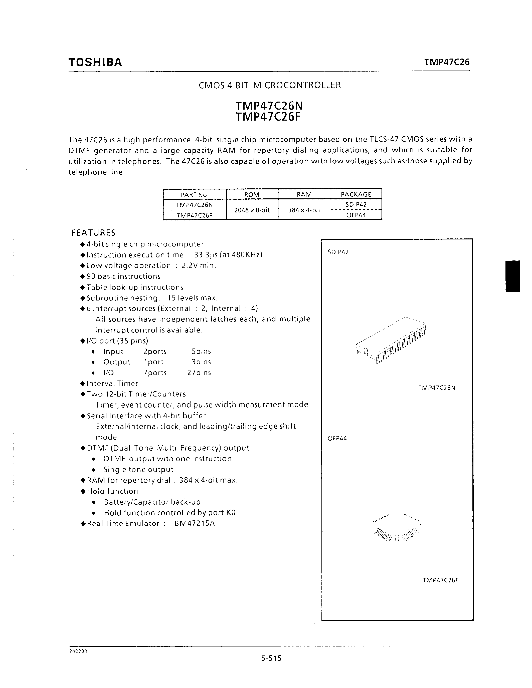 Datasheet TMP47C26N - CMOS 4-BIT MICROCONTROLLER page 1