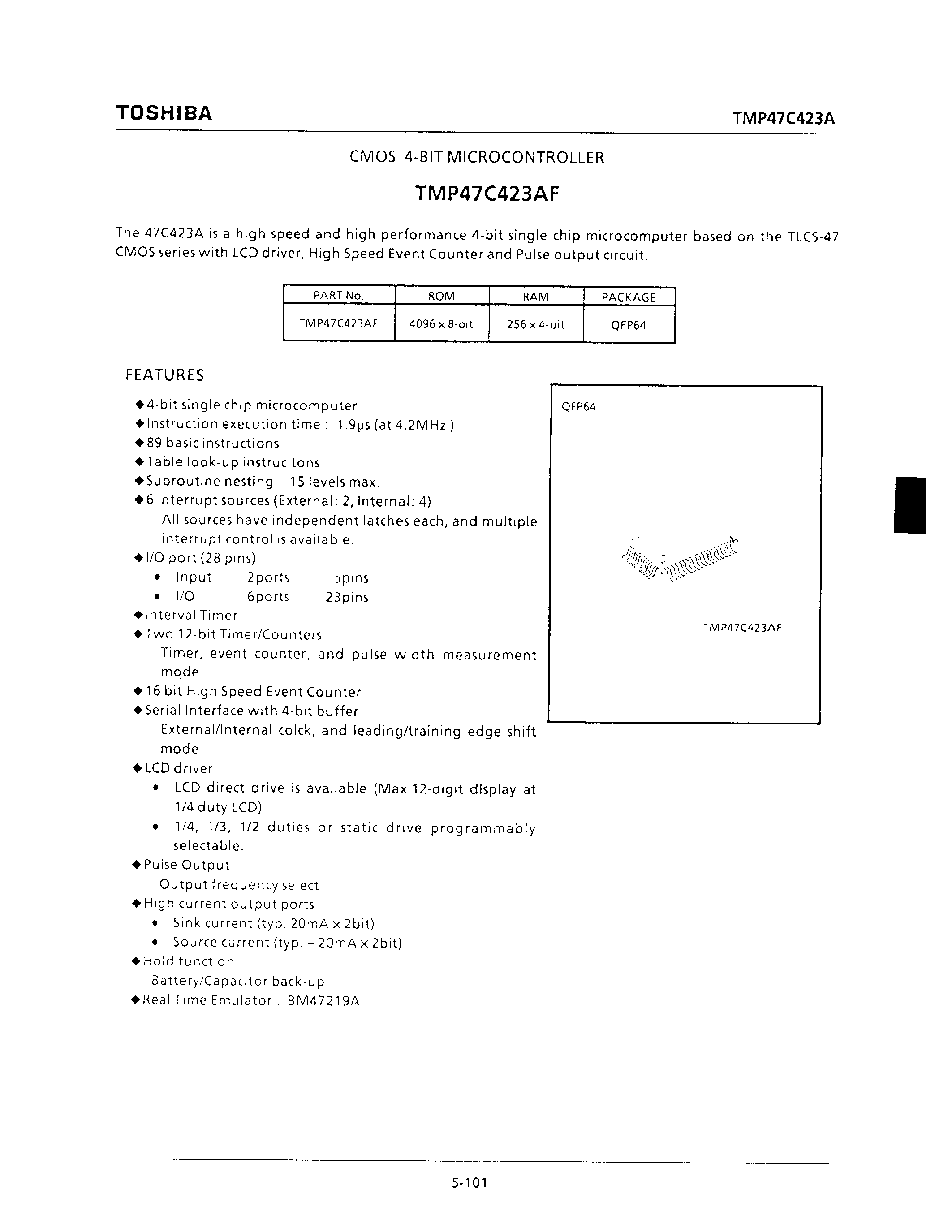 Datasheet TMP47C423AF - CMOS 4-bit Microcomputer page 1