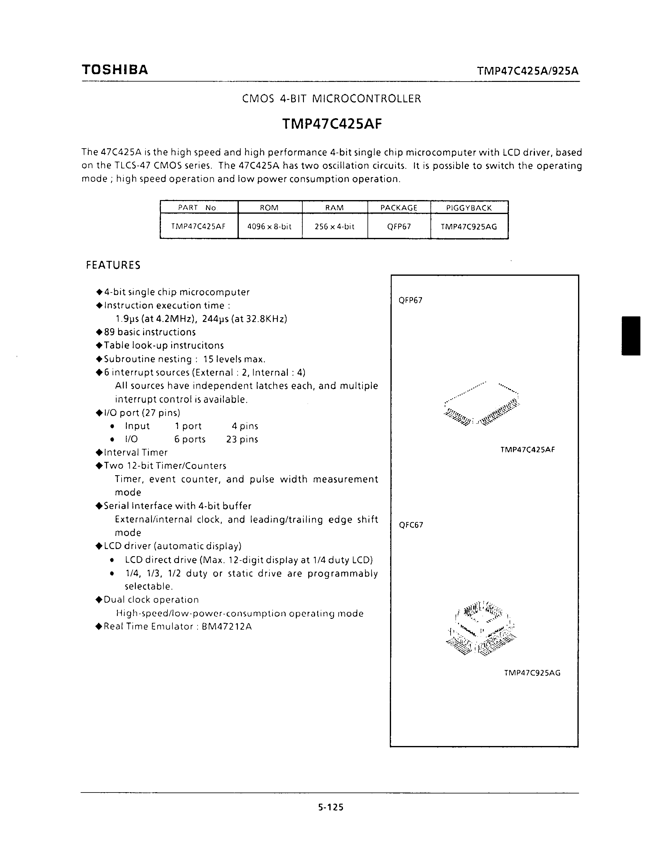 Datasheet TMP47C425AF - CMOS 4-BIT MICROCONTROLLER page 1