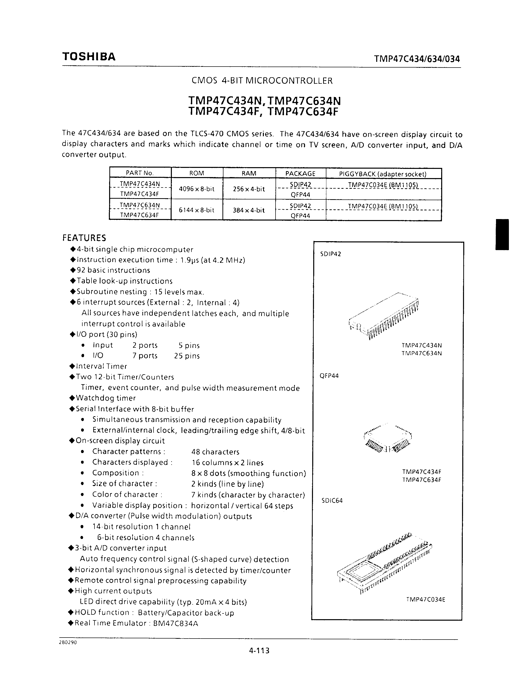 Datasheet TMP47C434N - CMOS 4-BIT MICROCONTROLLER page 1