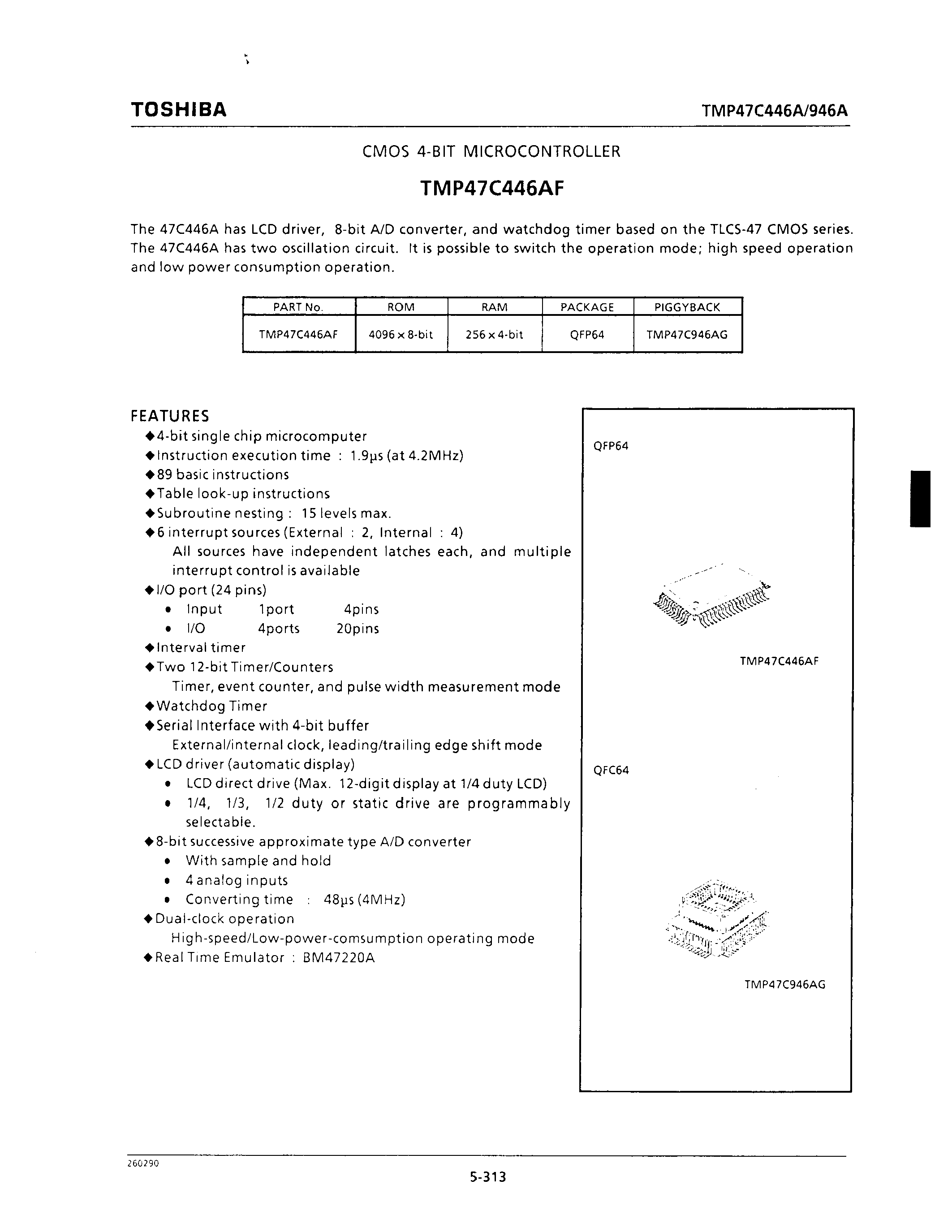 Datasheet TMP47C446AF - CMOS 4-BIT MICROCONTROLLER page 1