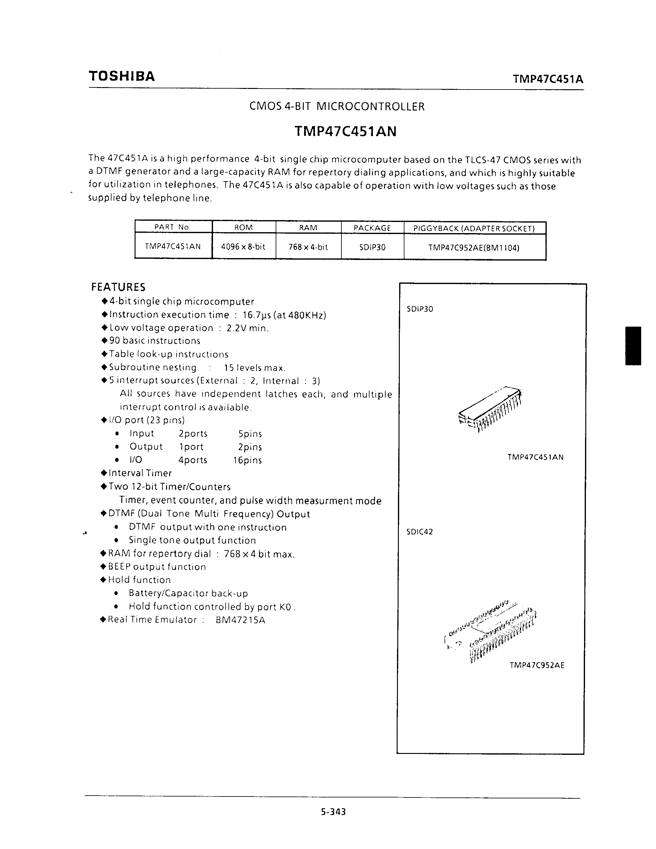 Datasheet TMP47C451AN - CMOS 4-BIT MICROCONTROLLER page 1